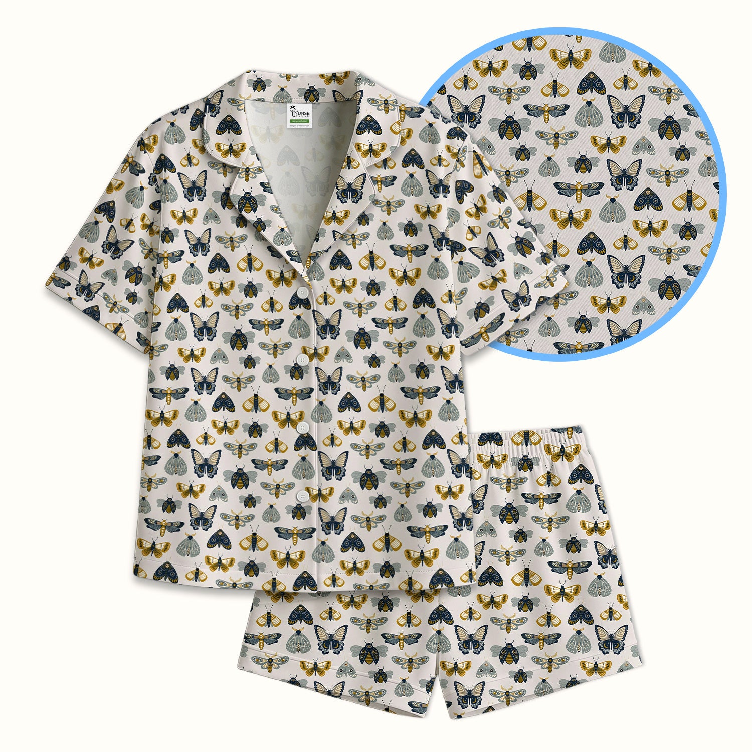 Vintage Butterfly Moth Insect Pattern Pajama Set, Soft Breathable Fabric Comfortable Sleepwear