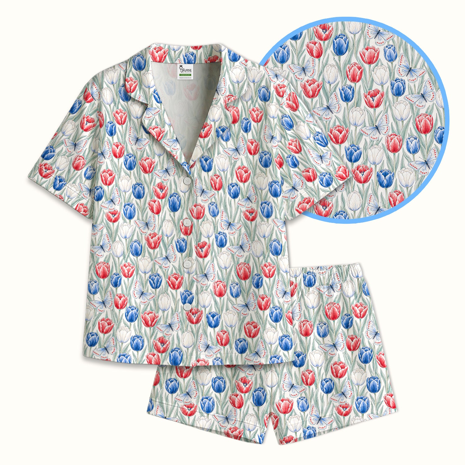 Patriotic Tulip Butterfly Nurse for RN, CNA, Healthcare Workers Pajama Set, Soft Breathable Fabric Comfortable Sleepwear
