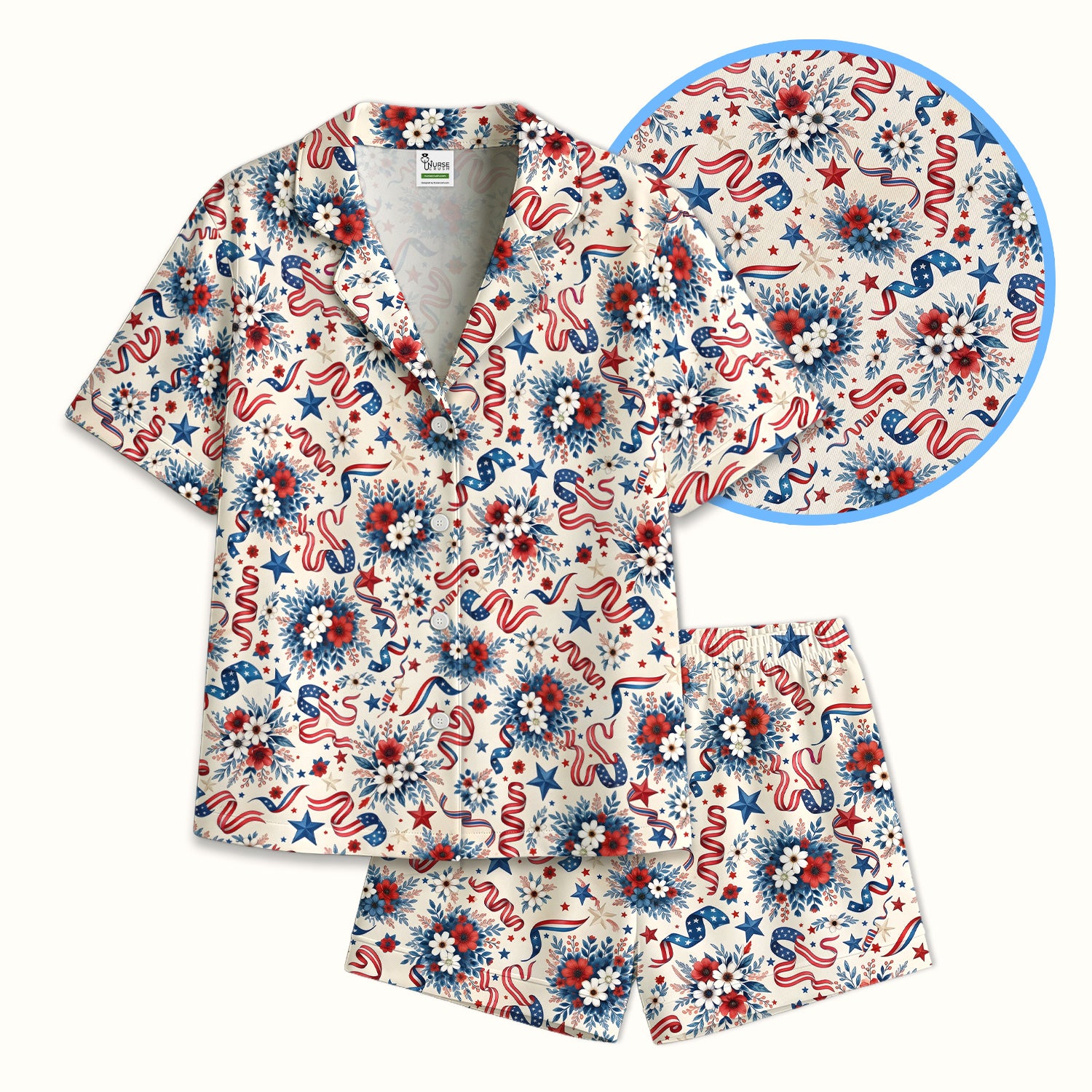 Patriotic Floral Ribbon Nurse for RN & CNA, Americana Healthcare Workers Uniform Pajama Set, Soft Breathable Fabric Comfortable Sleepwear