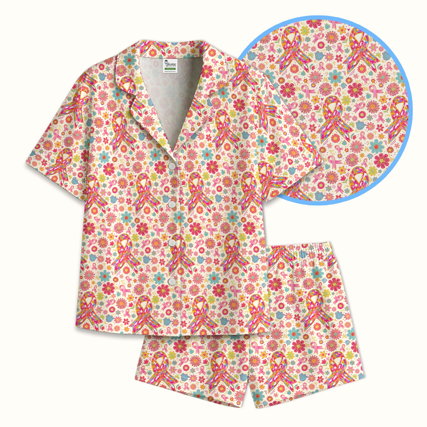 Colorful Pink Ribbon Floral Pajama Set, Soft Breathable Fabric Comfortable Sleepwear