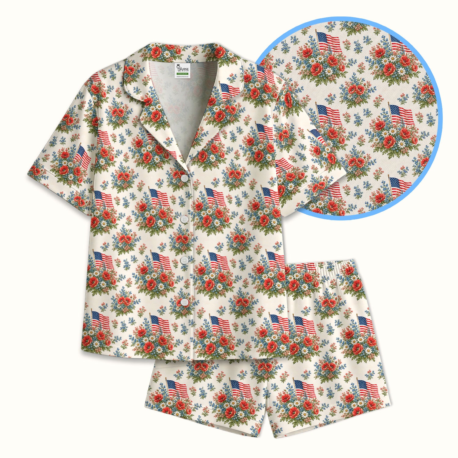Patriotic Floral With USA Flag Pattern Pajama Set, Soft Breathable Fabric Comfortable Sleepwear