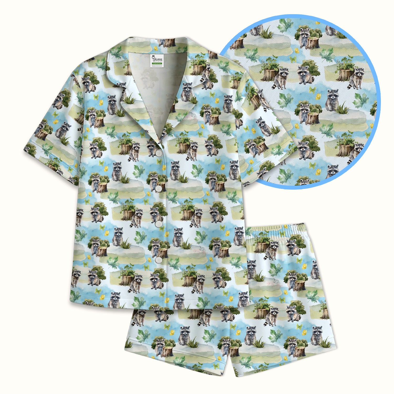 Cute Raccoon Woodland Print Pajama Set, Soft Breathable Fabric Comfortable Sleepwear