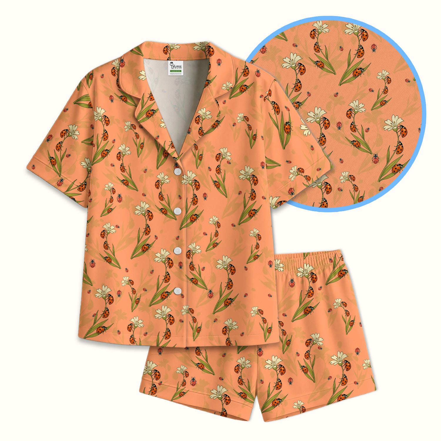 Fresh Daisy Ladybug Garden Pattern Pajama Set, Breathable Fabrics Uniform