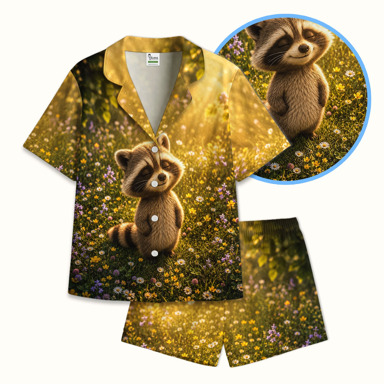 Smiling Raccoon Meadow Flower Pattern Pajama Set, Soft Breathable Fabric Comfortable Sleepwear