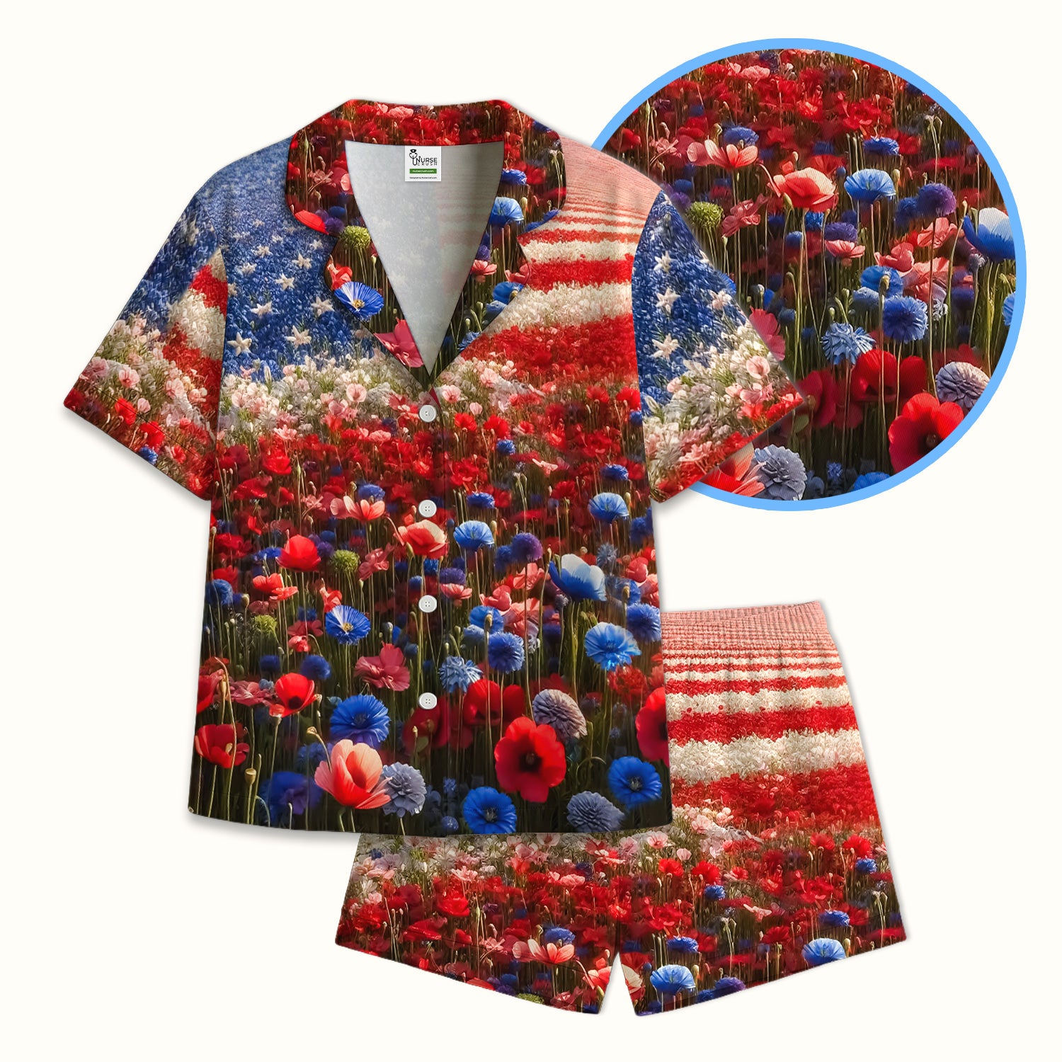 Festive Nurse American Flag Wildflower Field Pajama Set, Breathable Fabrics Uniform