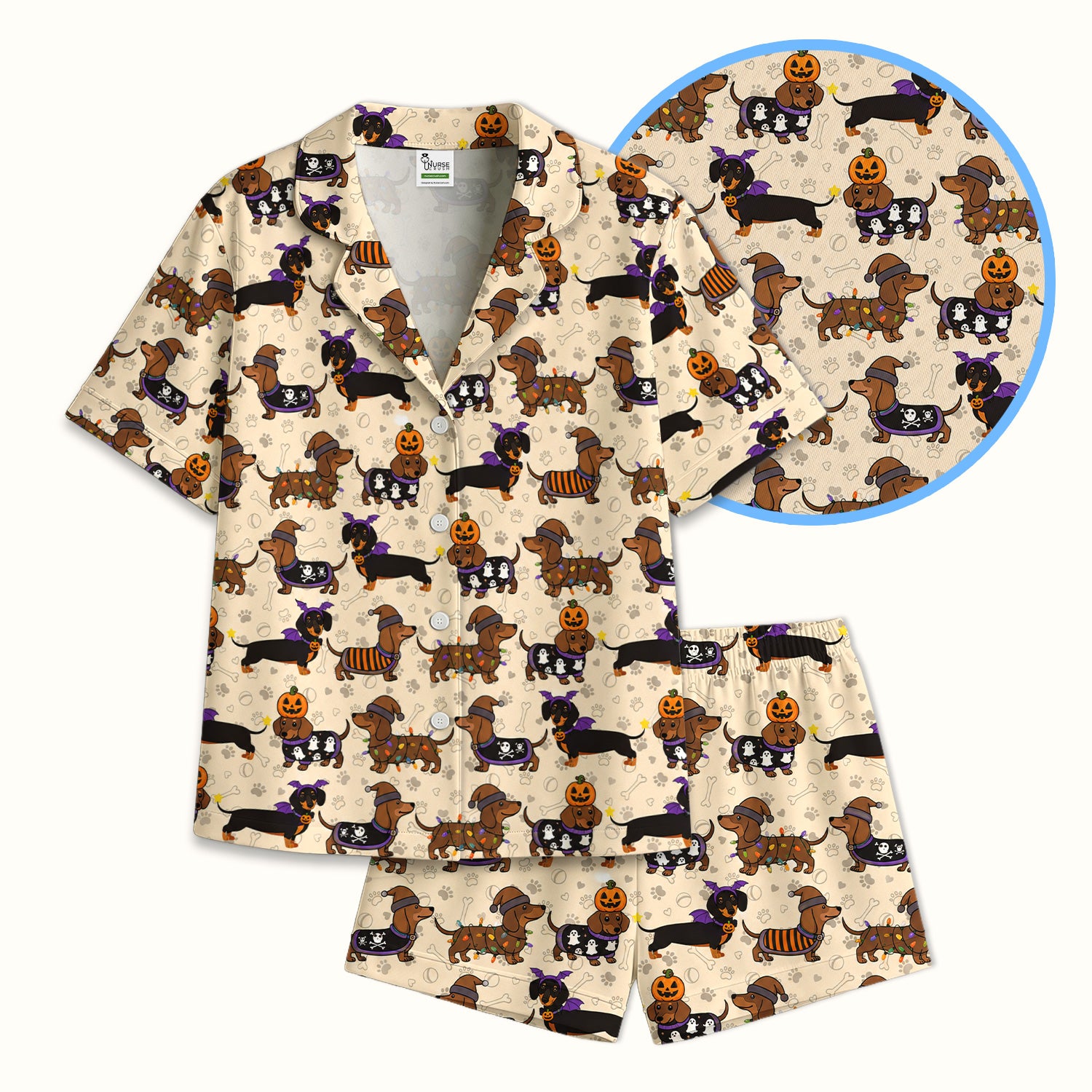 Halloween Dachshund with Pumpkin Ghost Print Pajama Set, Soft Breathable Fabric Comfortable Sleepwear