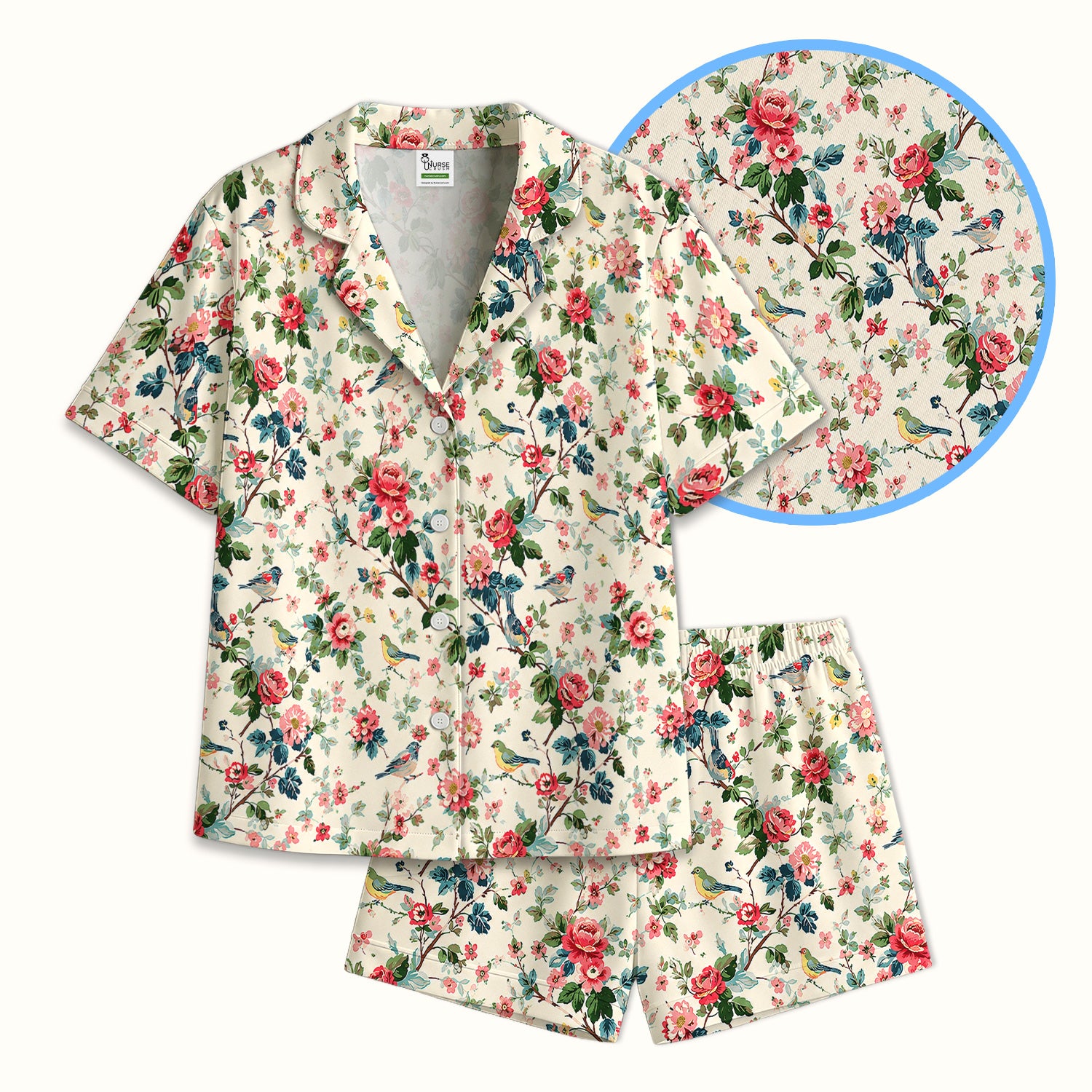 Songbird Rose Garden Pattern Pajama Set, Soft Breathable Fabric Comfortable Sleepwear