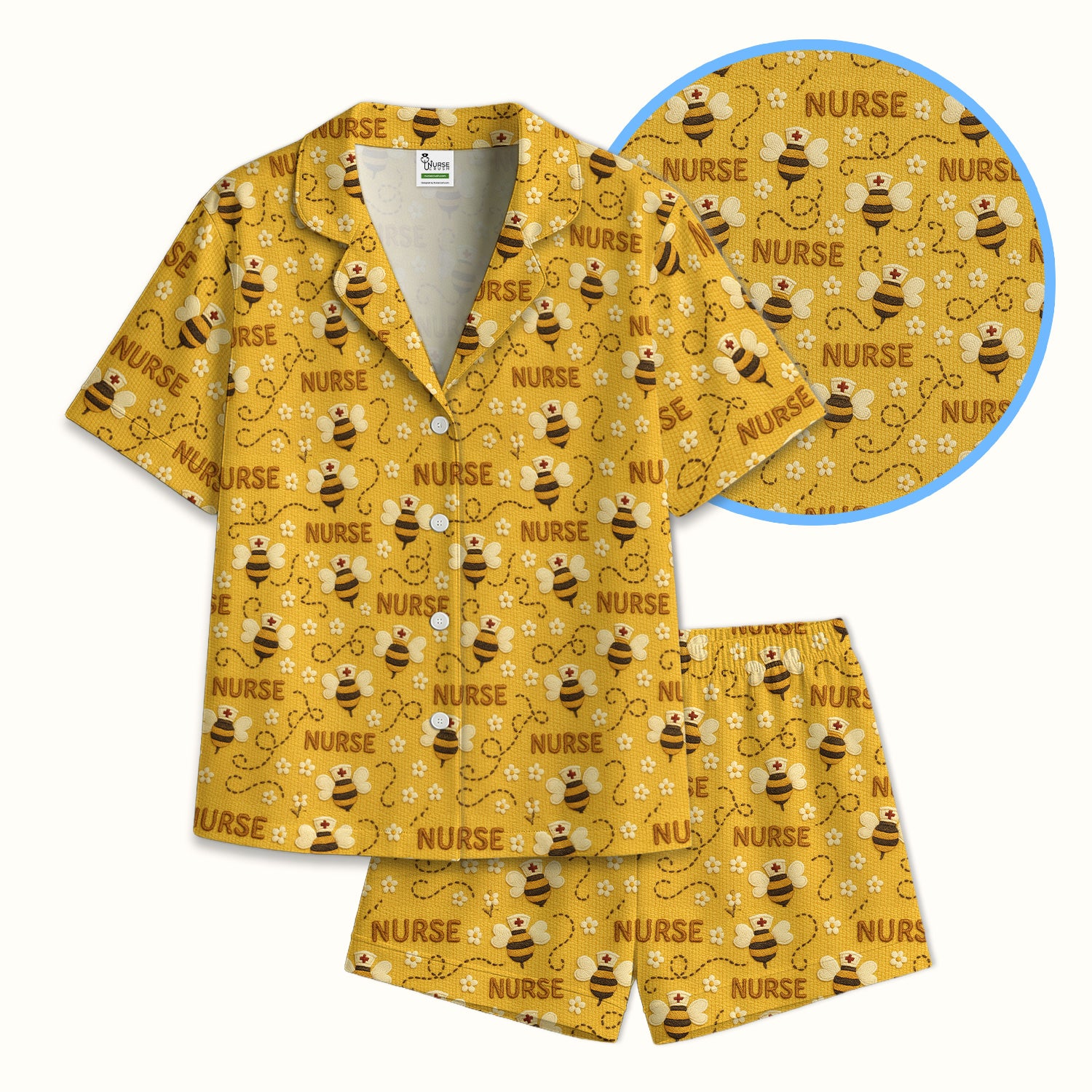 Honey Bee Nurse Scrub Top – Cute Bumblebee Medical Pattern Pajama Set, Soft Breathable Fabric Comfortable Sleepwear
