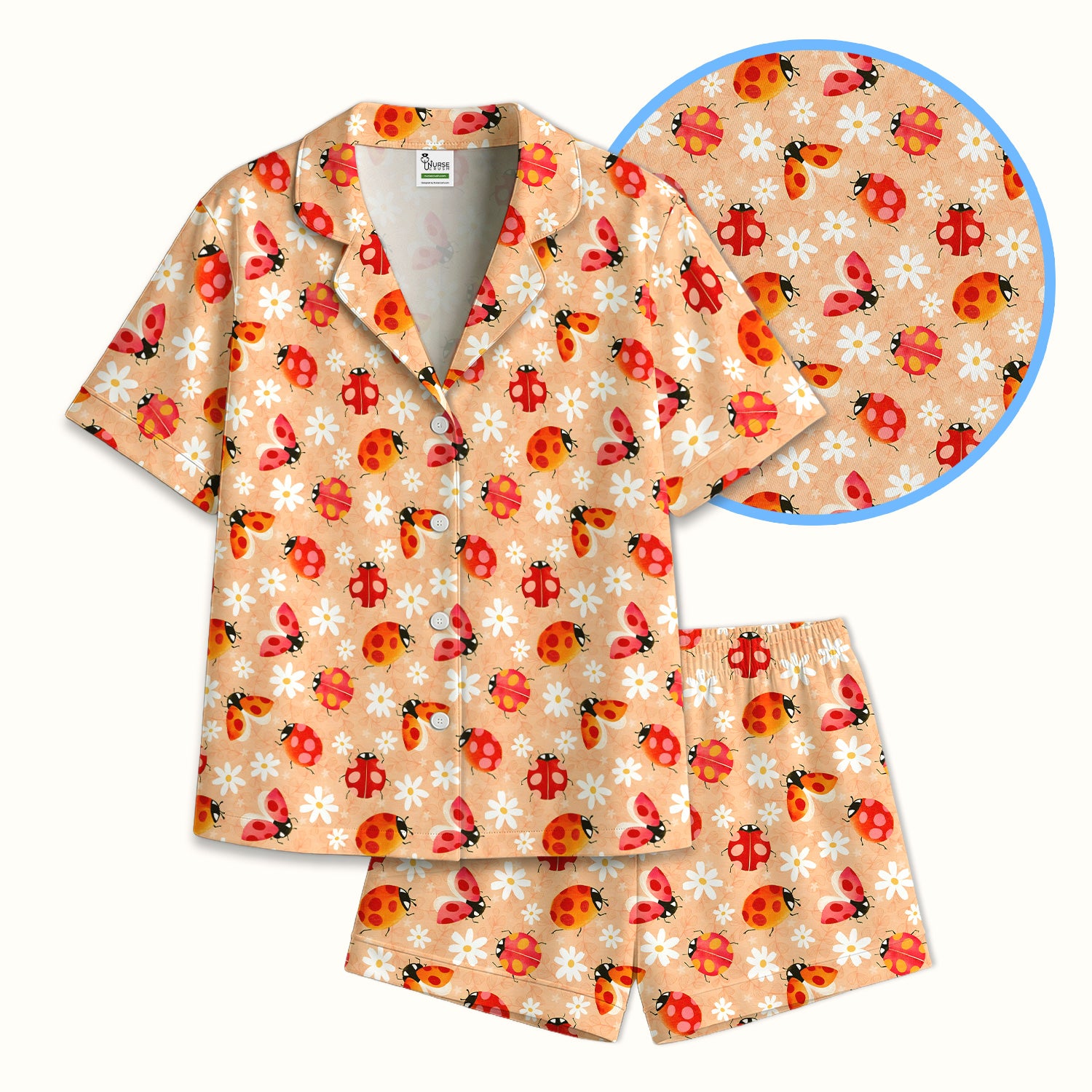 Ladybug Daisy Floral Pattern Pajama Set, Soft Breathable Fabric Comfortable Sleepwear