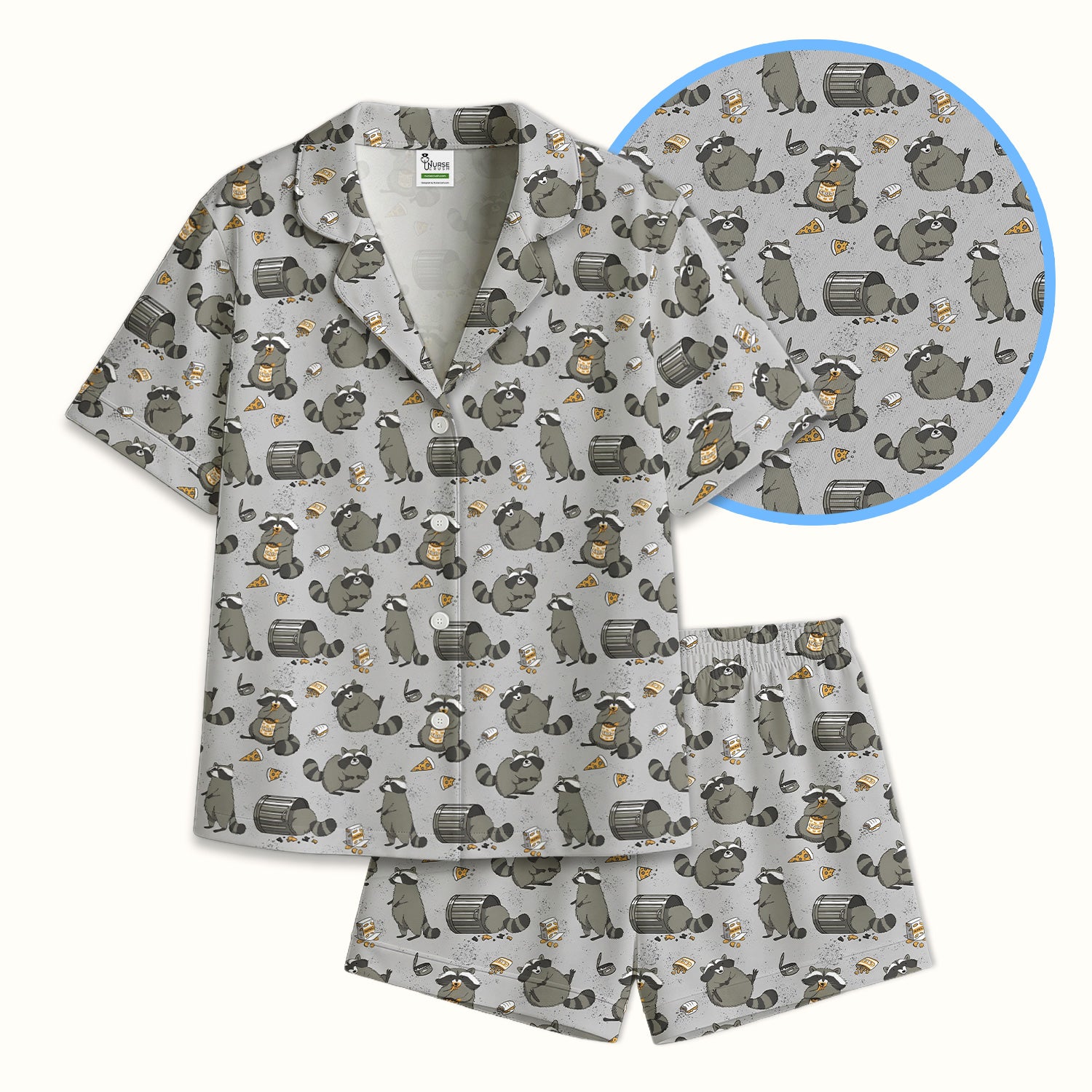 Raccoon Snack And Trash Can Pattern Pajama Set, Breathable Fabrics Uniform
