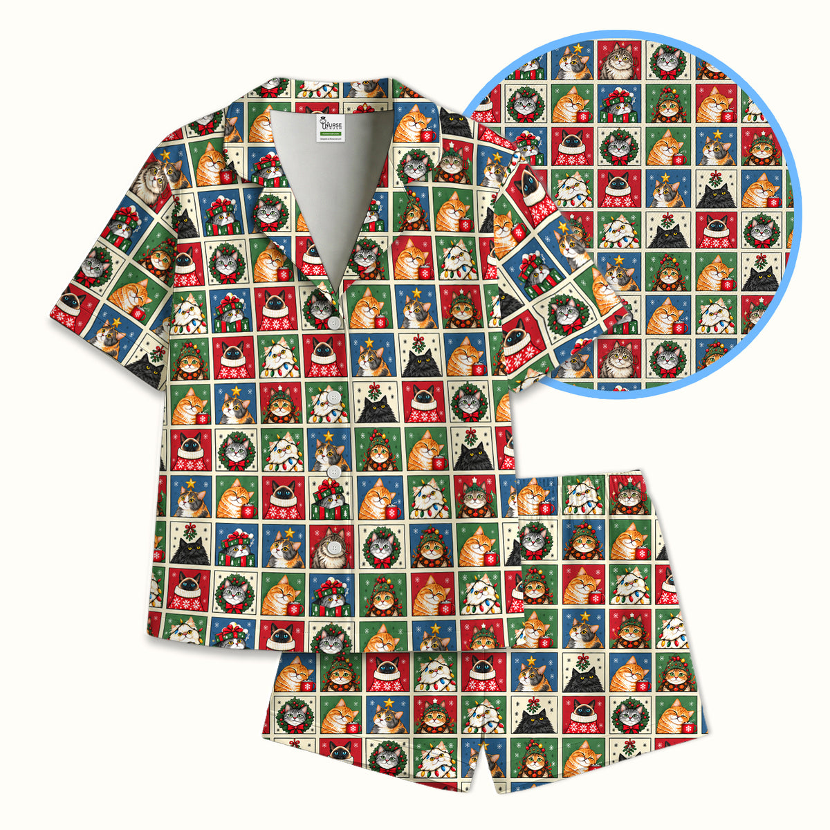 Cute Christmas Cat Patchwork Pajama Set, Soft Breathable Fabric Comfortable Sleepwear