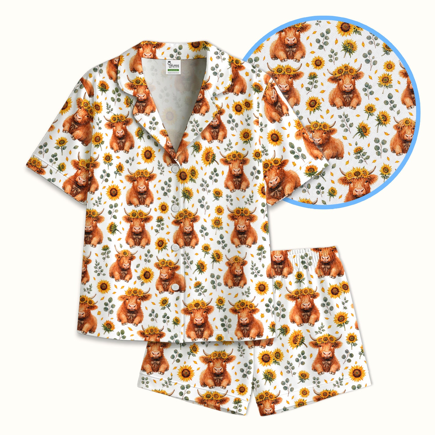 Rustic Highland Cow Floral Pattern Pajama Set, Soft Breathable Fabric Comfortable Sleepwear