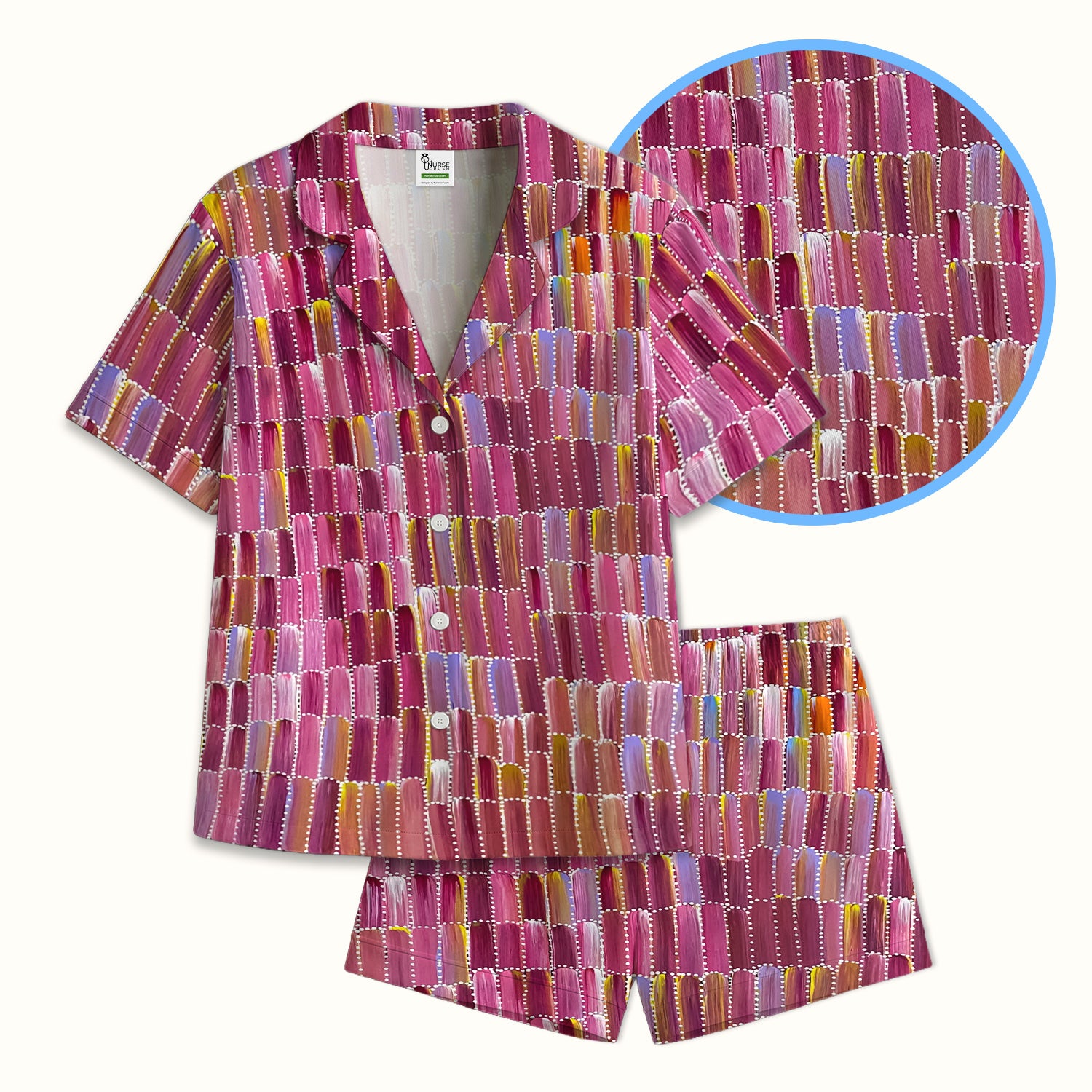 Colorful Abstract Brushstroke Dotted Pattern Pajama Set, Soft Breathable Fabric Comfortable Sleepwear