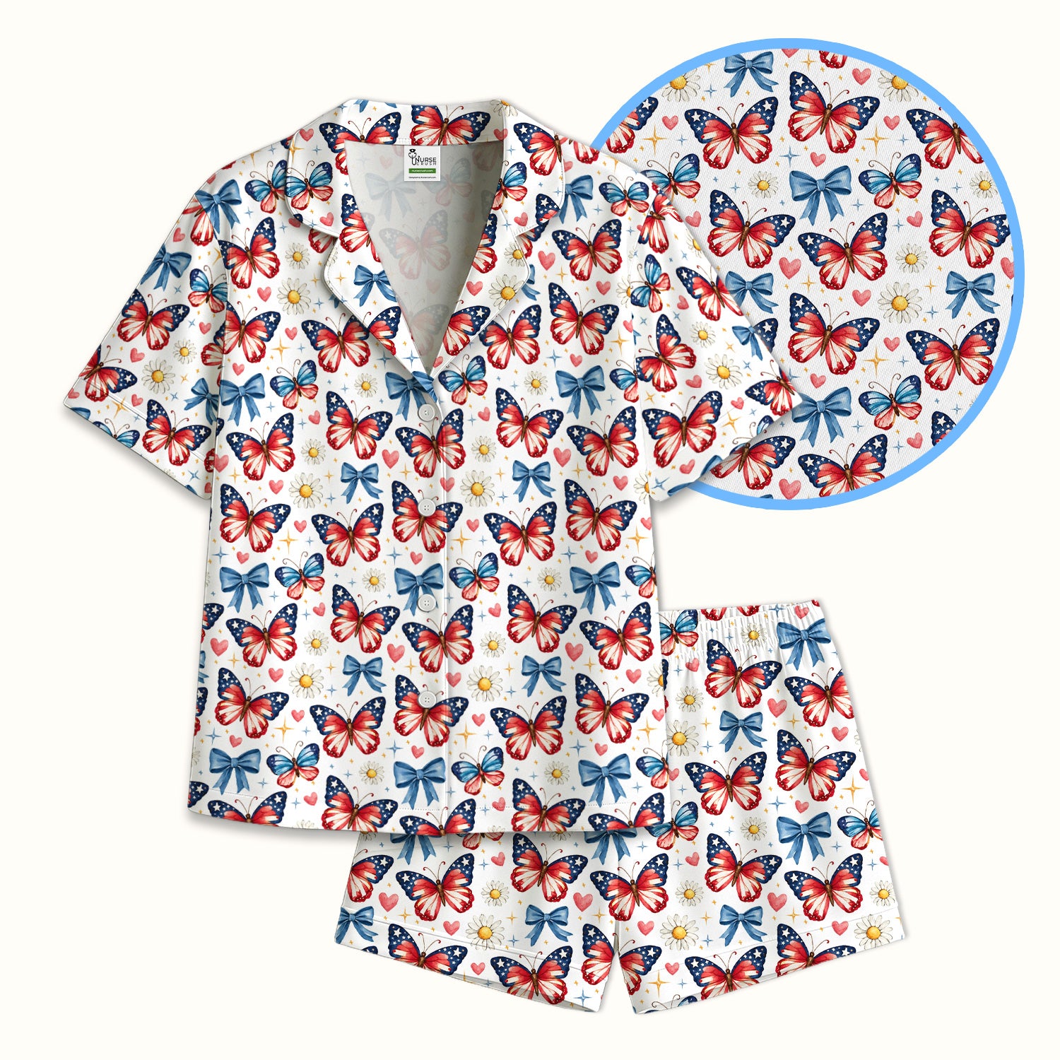 Patriotic Butterfly Bow Daisy Pattern Pajama Set, Soft Breathable Fabric Comfortable Sleepwear