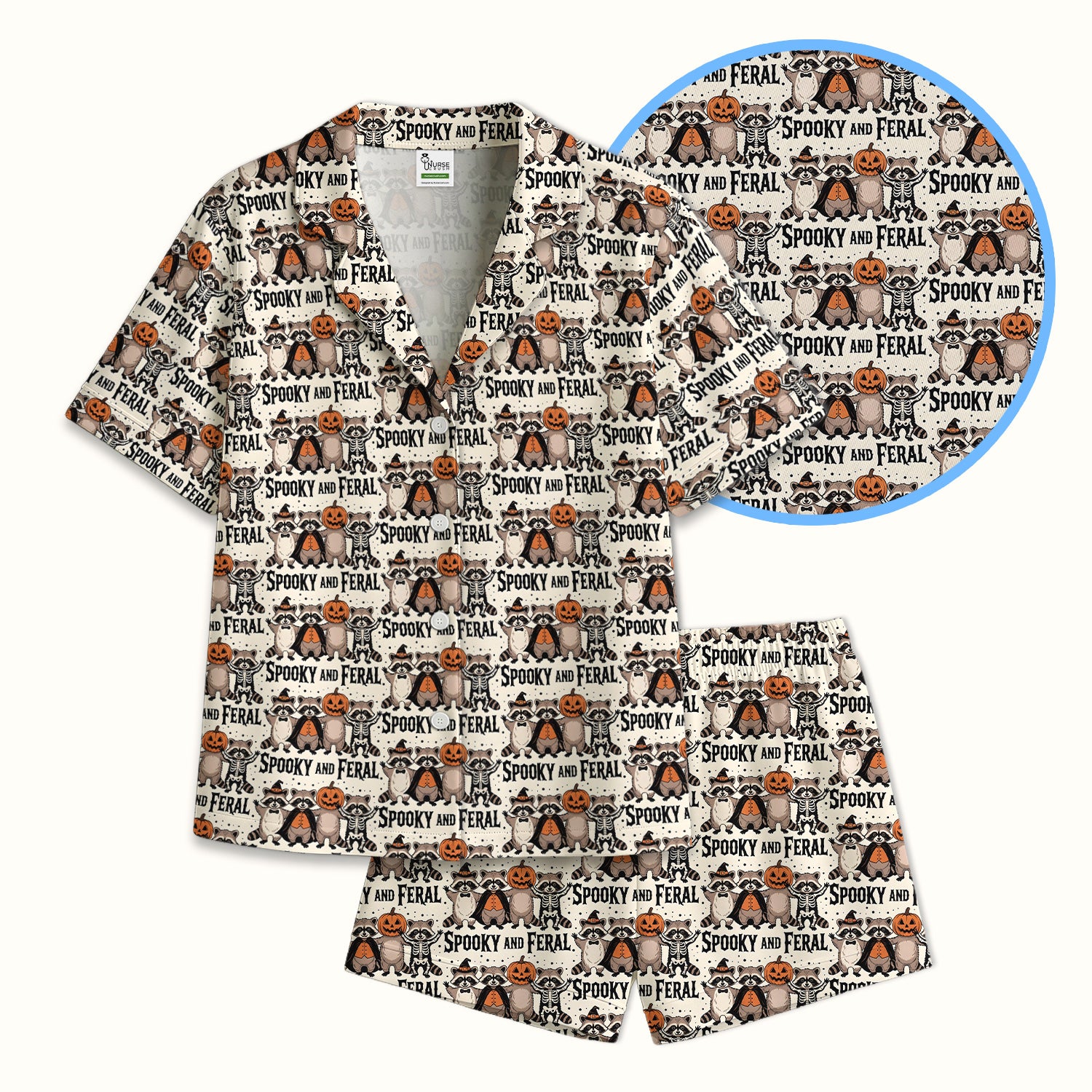 Spooky and Feral Raccoon Print Pajama Set, Soft Breathable Fabric Comfortable Sleepwear