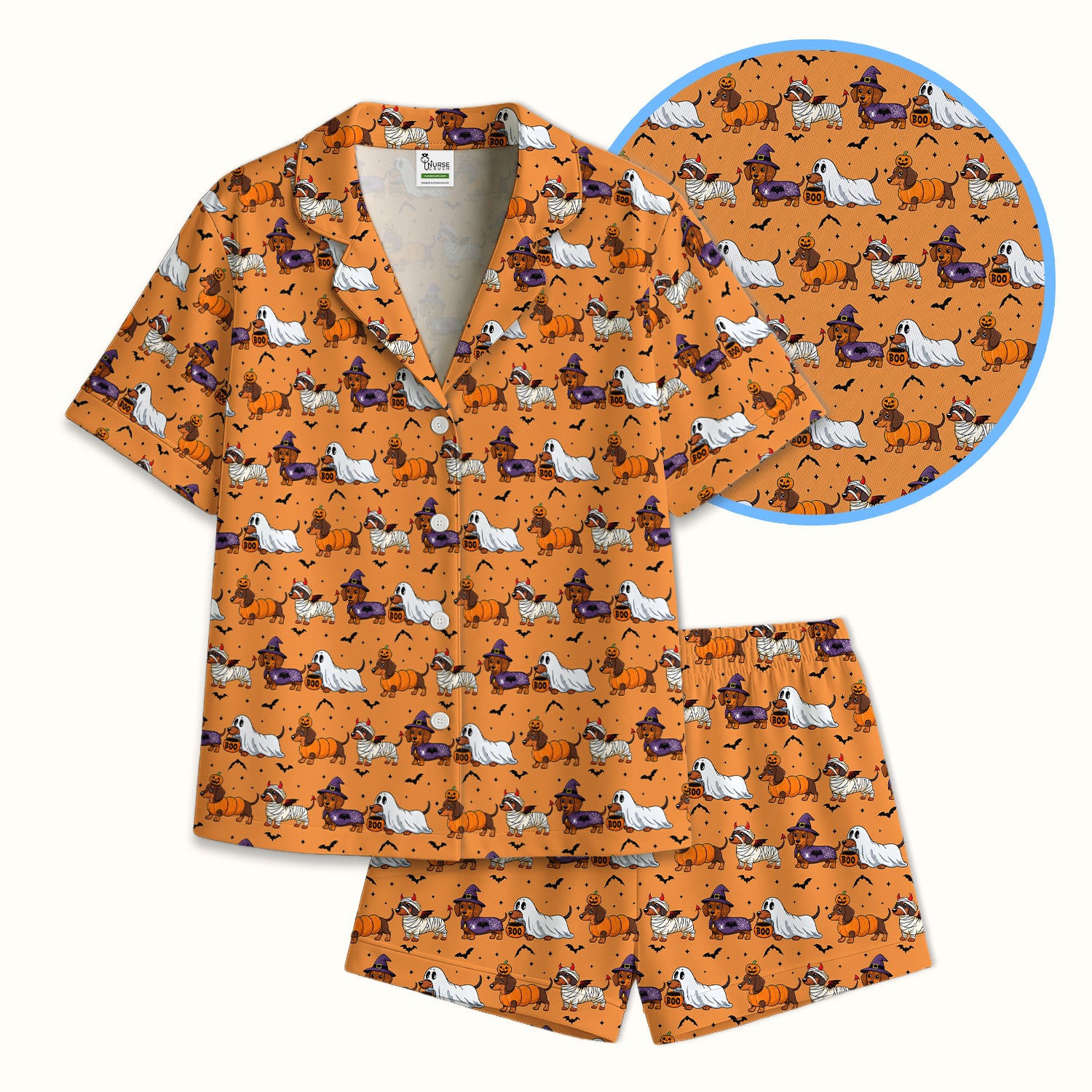 Halloween Dachshund with Bat Pattern Pajama Set, Soft Breathable Fabric Comfortable Sleepwear