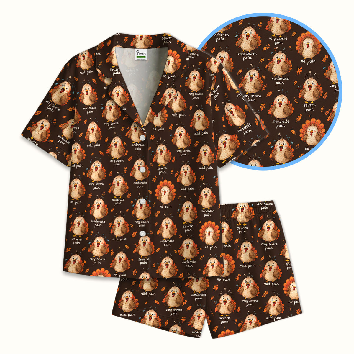 Funny Thanksgiving Turkey Pain Scale Pattern Pajama Set, Soft Breathable Fabric Comfortable Sleepwear