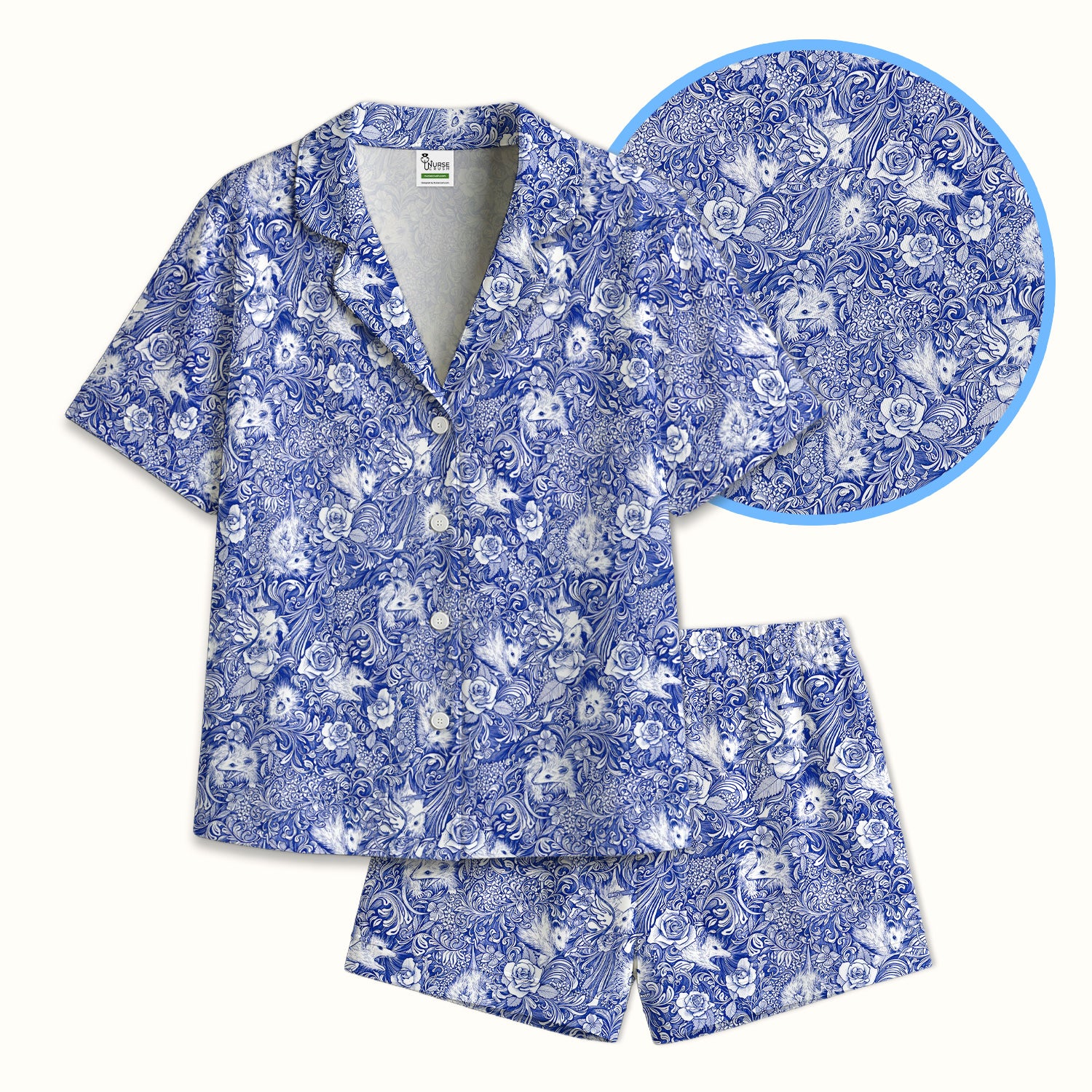 Blue Toile Opossum Floral Pattern Pajama Set, Soft Breathable Fabric Comfortable Sleepwear