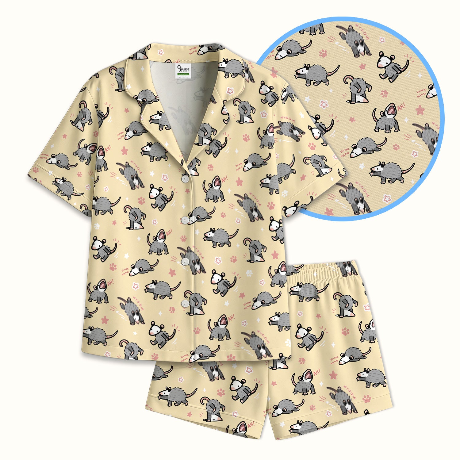 Playful Cartoon Opossum Character Pattern Pajama Set, Breathable Fabrics Uniform