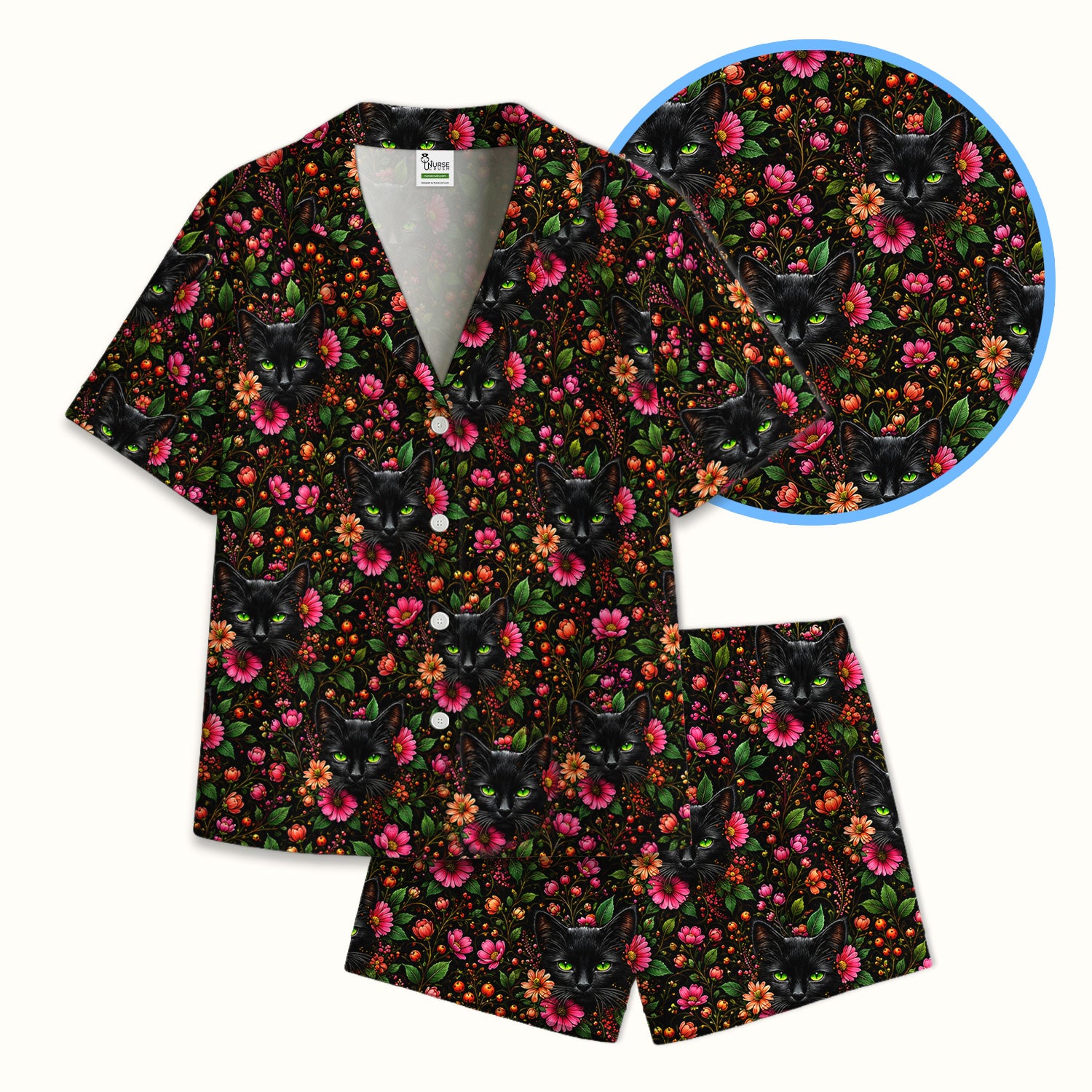 Adorable Black Cat Blossom Pattern Pajama Set, Soft Breathable Fabric Comfortable Sleepwear