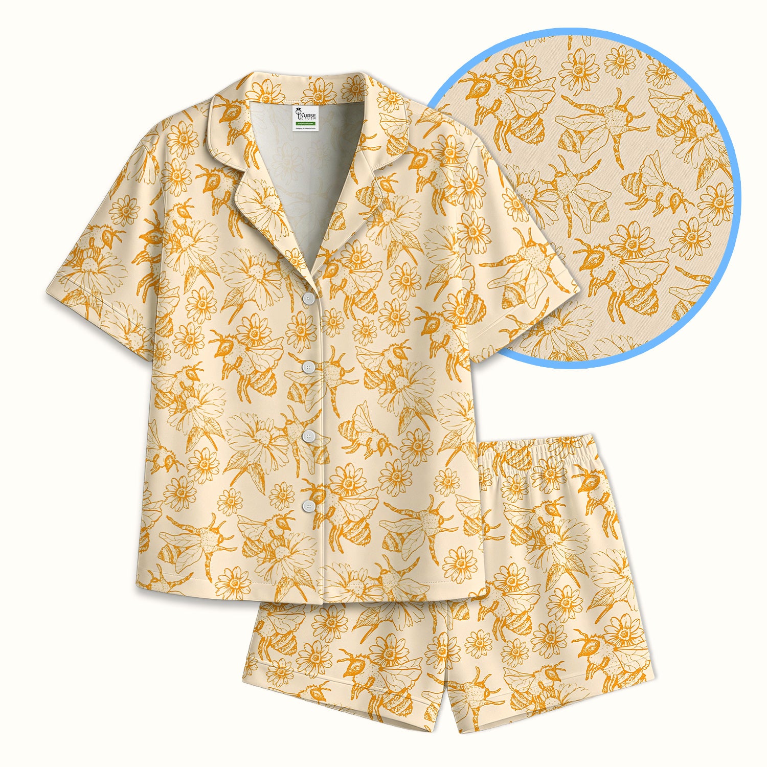 Cute Honey Bee Flower Sketch Pattern Pajama Set, Soft Breathable Fabric Comfortable Sleepwear