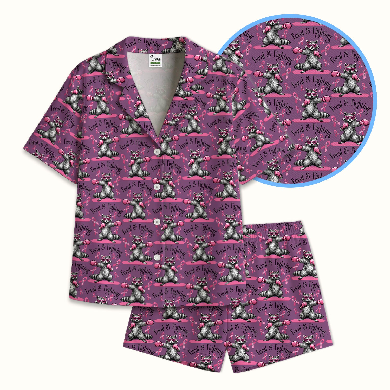 Breast Cancer Awareness Raccoon Pajama Set, Soft Breathable Fabric Comfortable Sleepwear