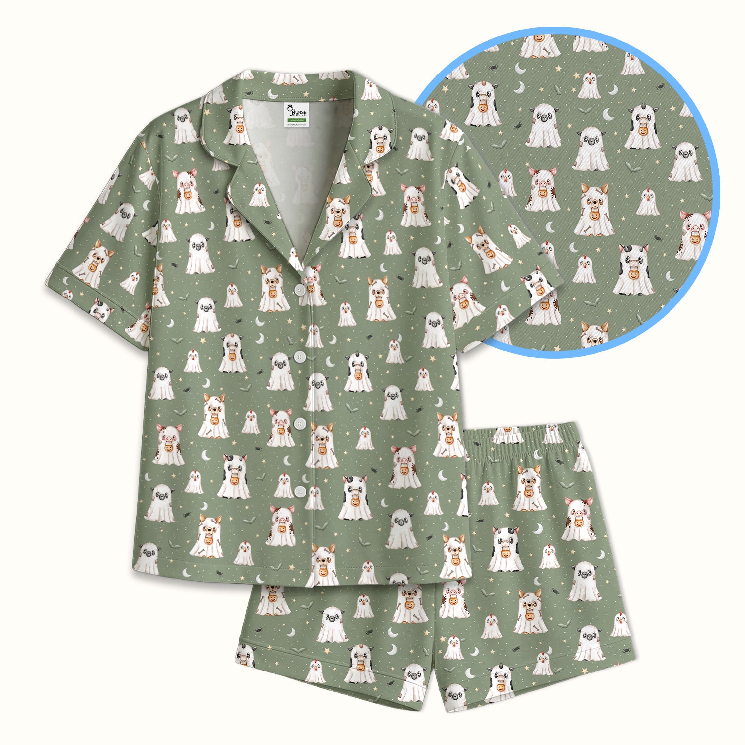 Spooky Farm Animal Ghost Pajama Set, Soft Breathable Fabric Comfortable Sleepwear