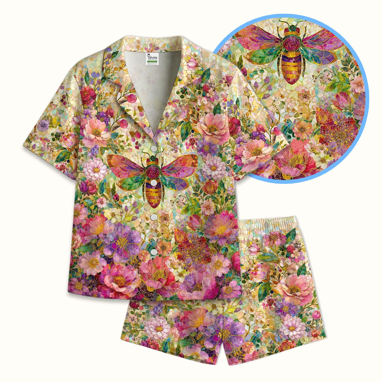 Vibrant Mosaic Bee Nurse for RN, CNA, Floral Garden Medical Pajama Set, Soft Breathable Fabric Comfortable Sleepwear