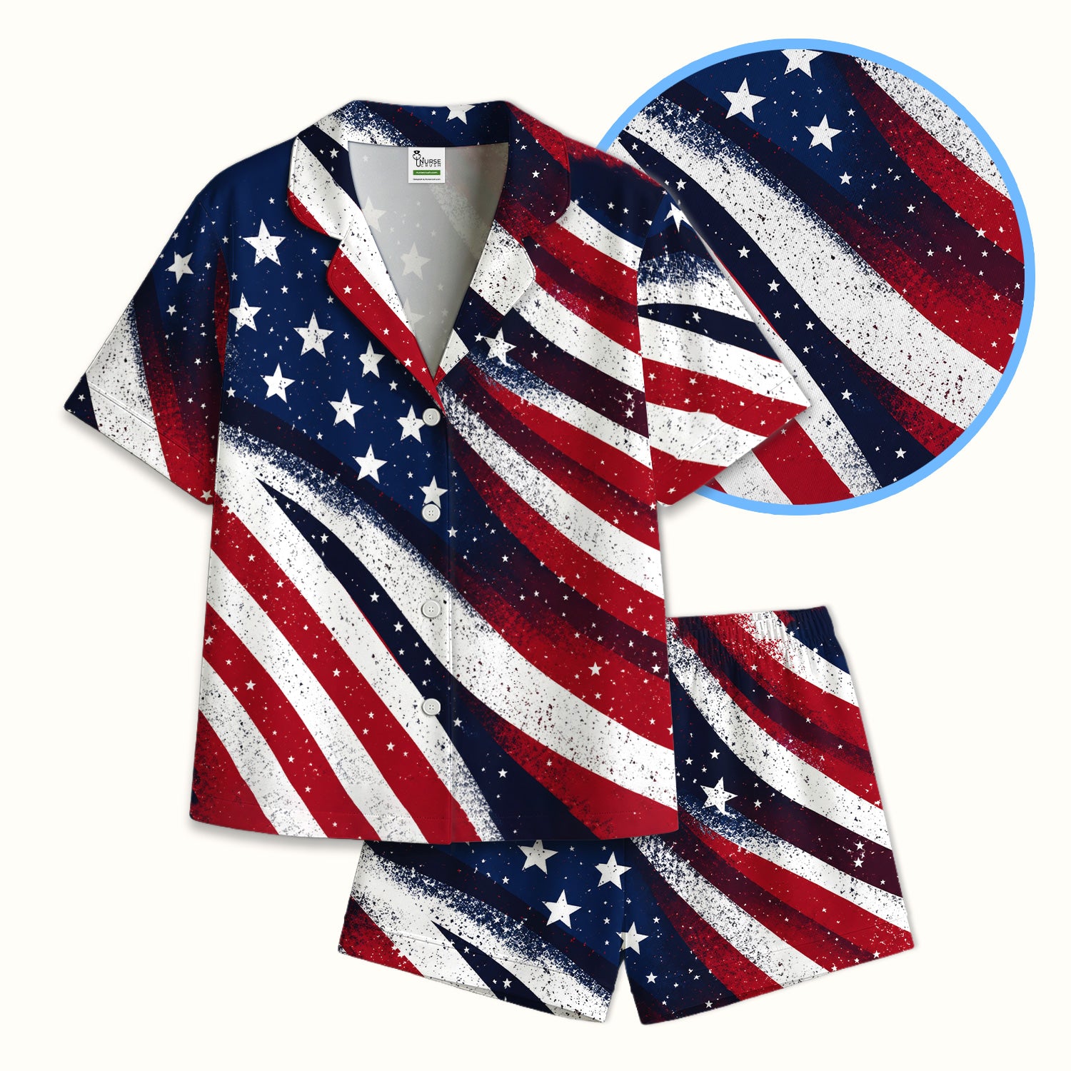 Festive American Flag Stars Pattern Pajama Set, Soft Breathable Fabric Comfortable Sleepwear