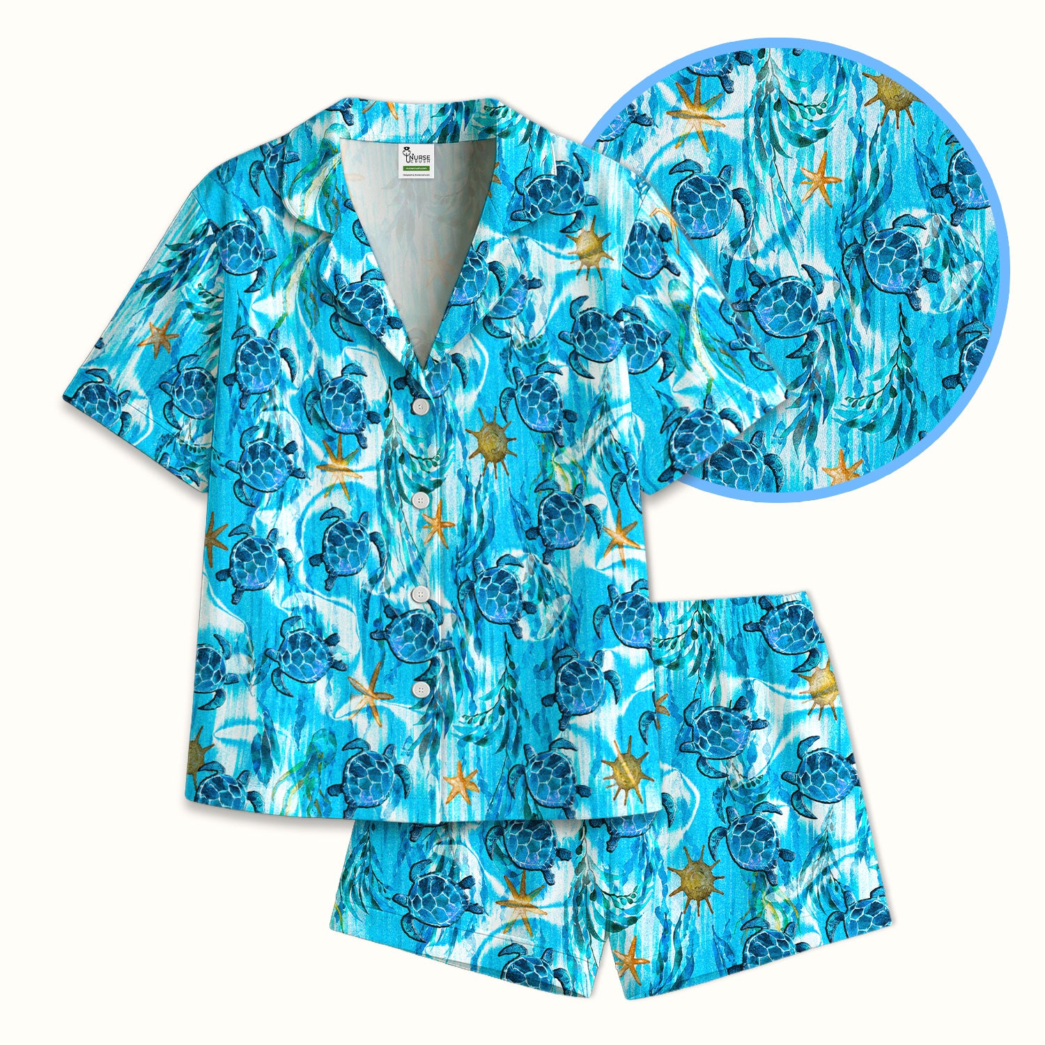 Coastal Marine Life Print Pajama Set, Soft Breathable Fabric Comfortable Sleepwear