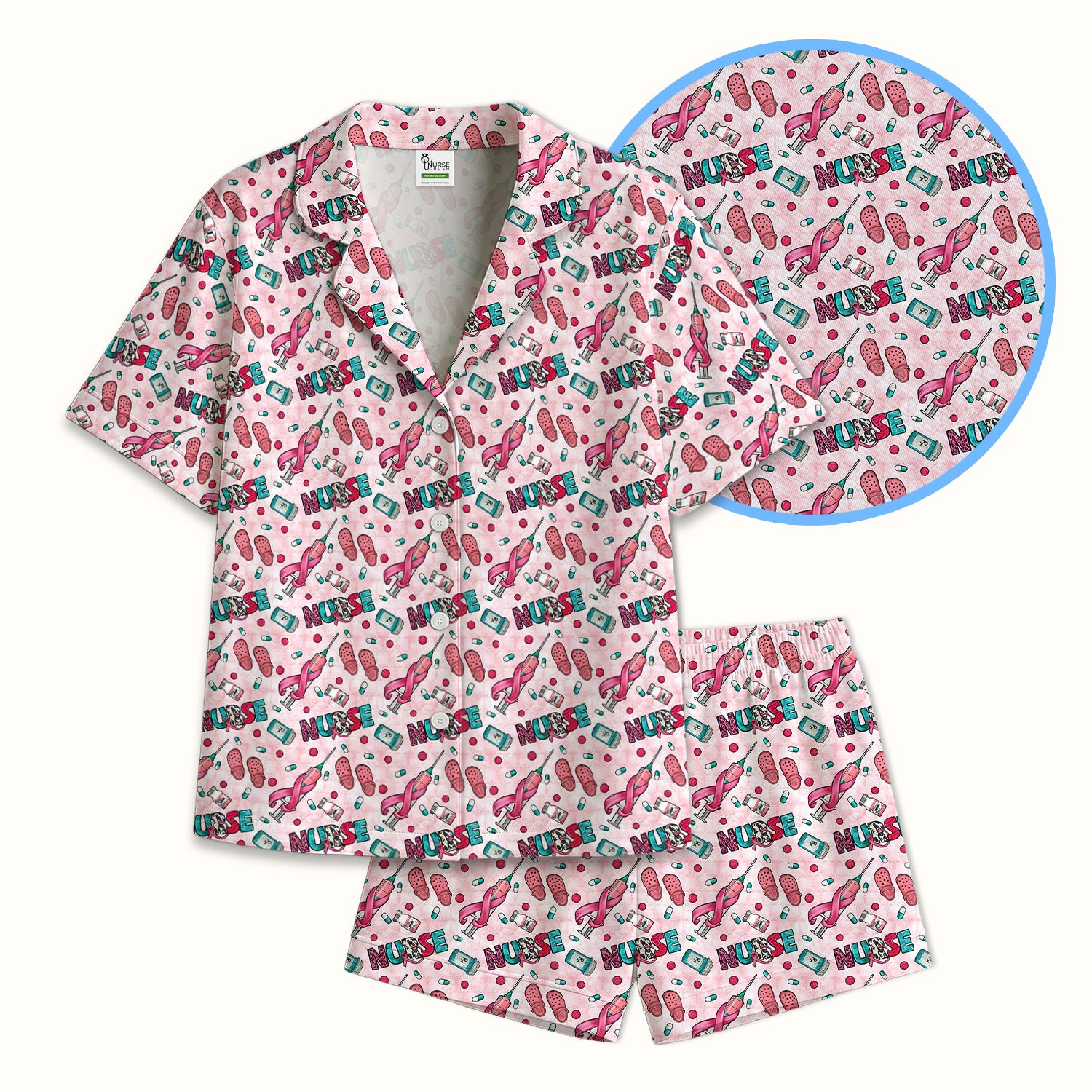 Pink Ribbon with Recovery Print Pajama Set, Soft Breathable Fabric Comfortable Sleepwear