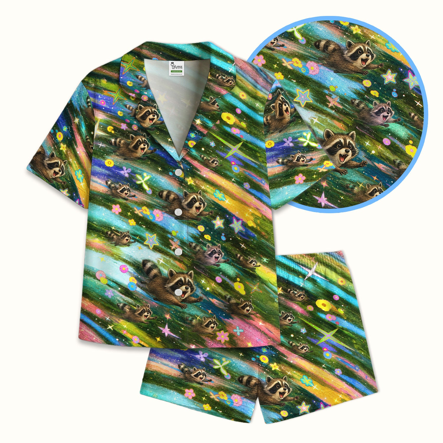 Cute Raccoon Rainbow Dash Pattern Pajama Set, Soft Breathable Fabric Comfortable Sleepwear