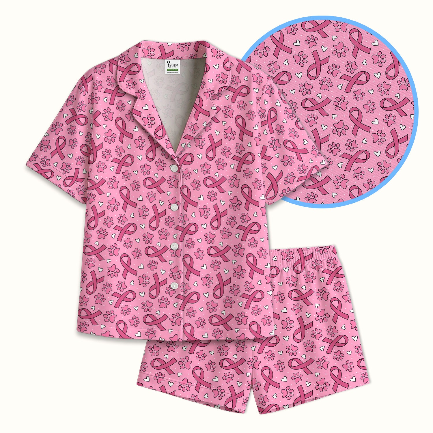 Pink Ribbon Paw Print Pajama Set, Soft Breathable Fabric Comfortable Sleepwear