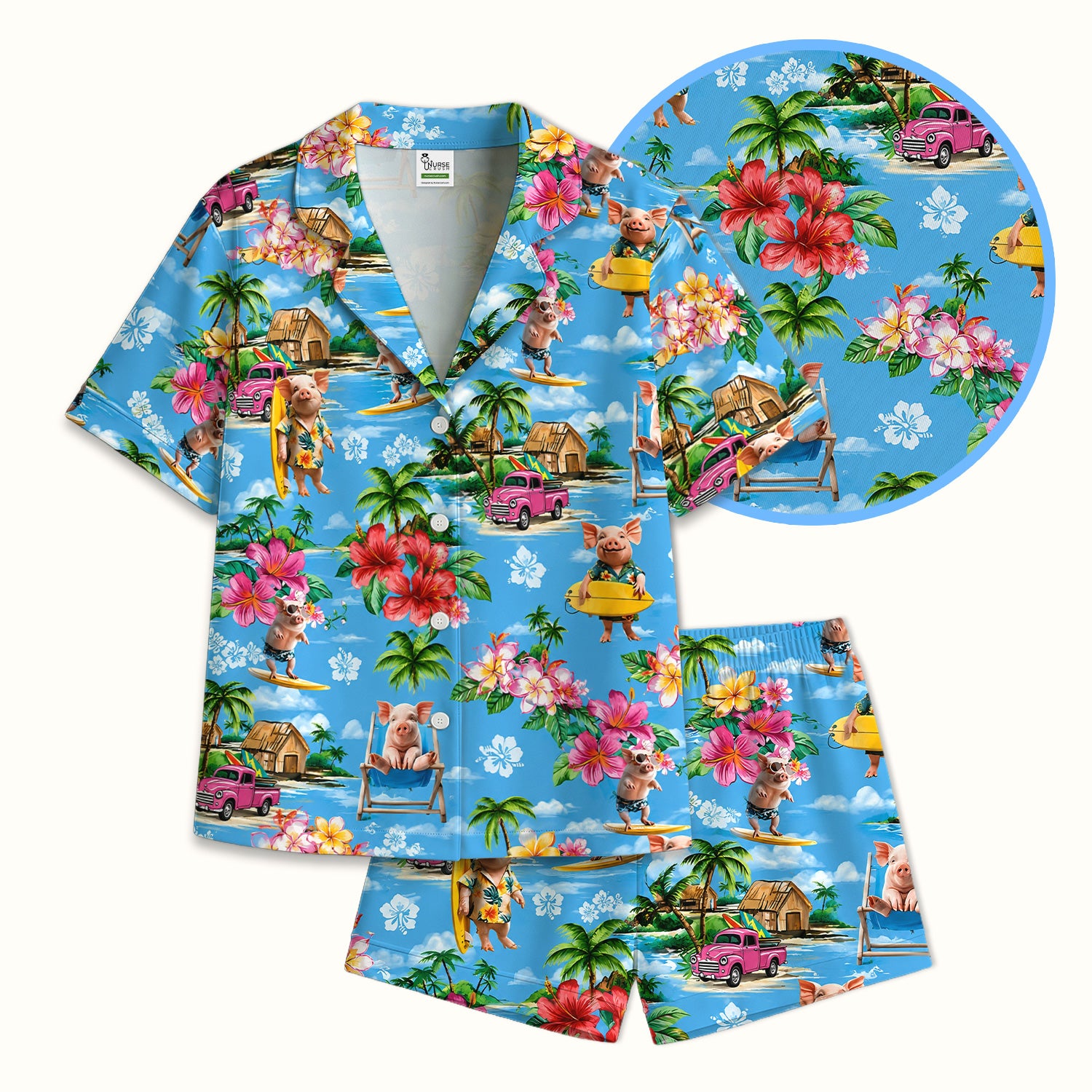 Tropical Surfing Pig Beach Pattern Pajama Set, Soft Breathable Fabric Comfortable Sleepwear