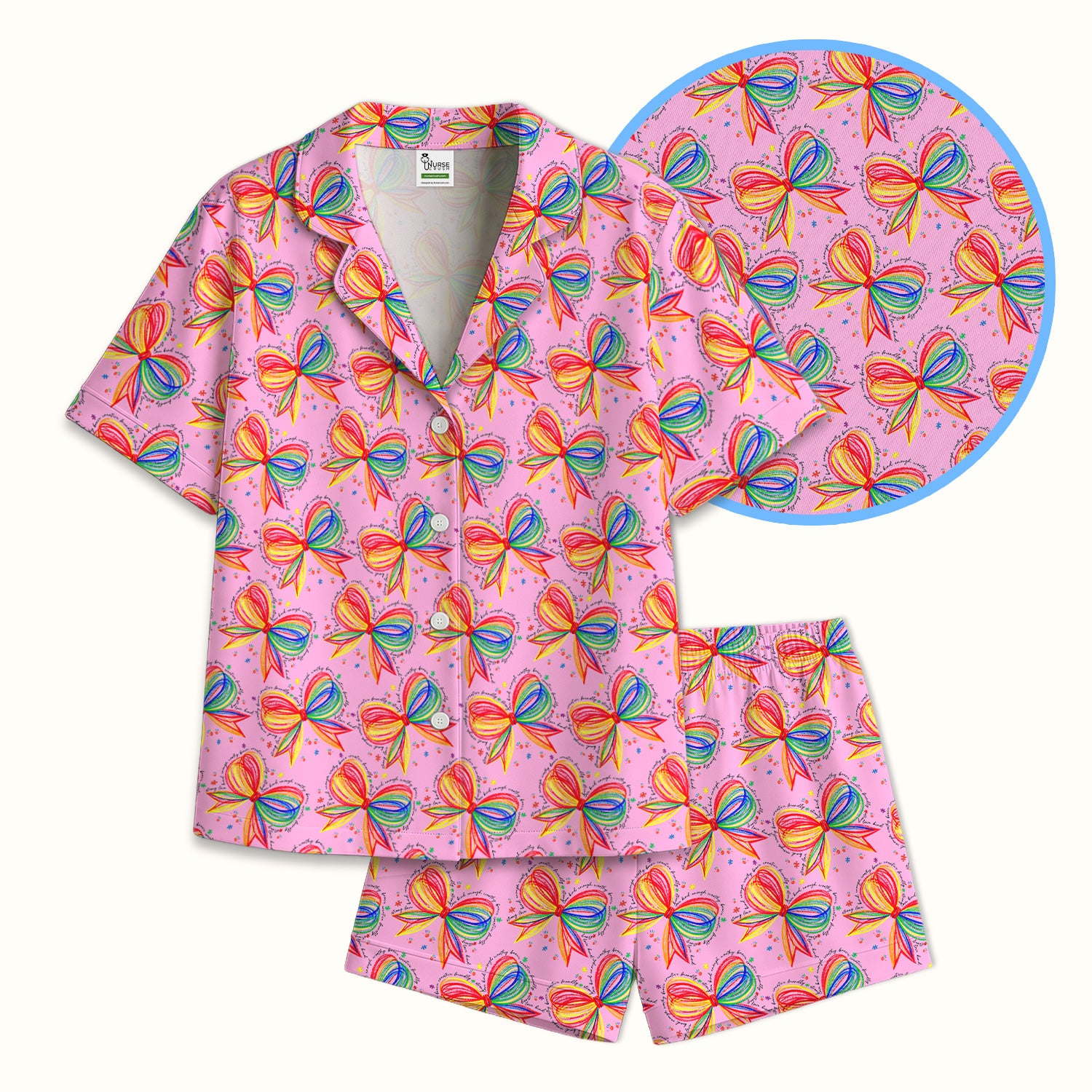 Colorful Rainbow Bow Pattern Pajama Set, Breathable Fabrics Uniform