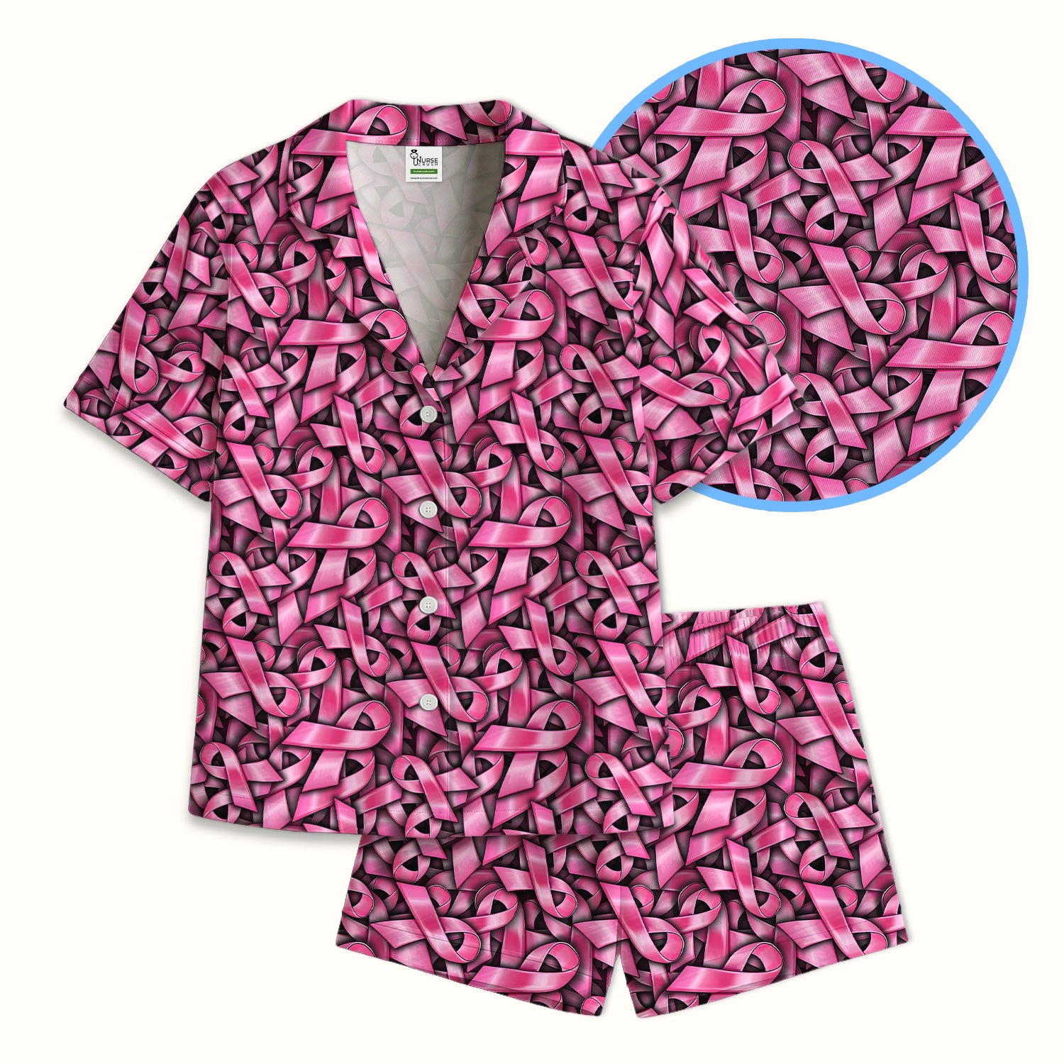 Breast Cancer Awareness Ribbon Oncology Pajama Set, Soft Breathable Fabric Comfortable Sleepwear