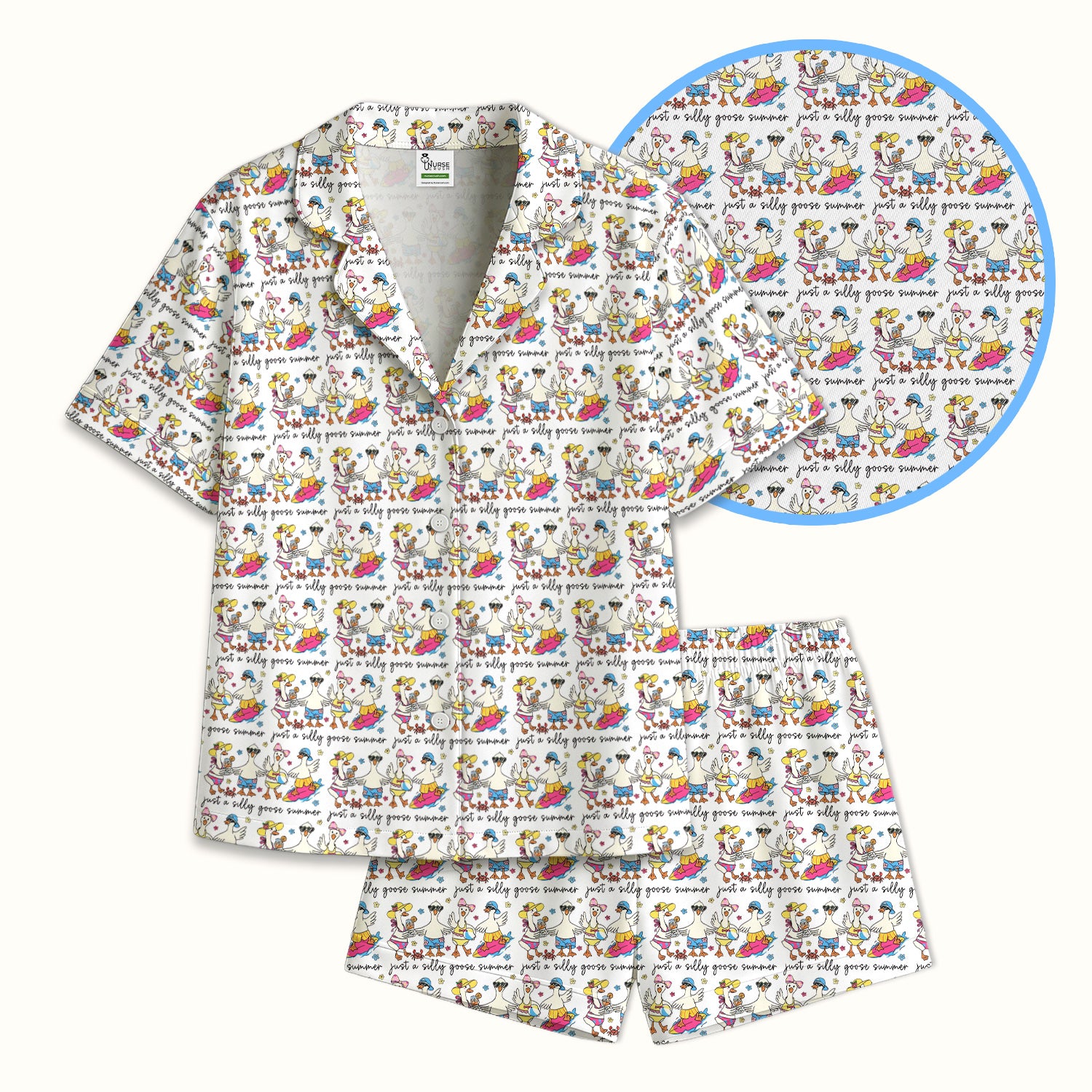 Funny Goose Summer Beach Pattern Pajama Set, Soft Breathable Fabric Comfortable Sleepwear