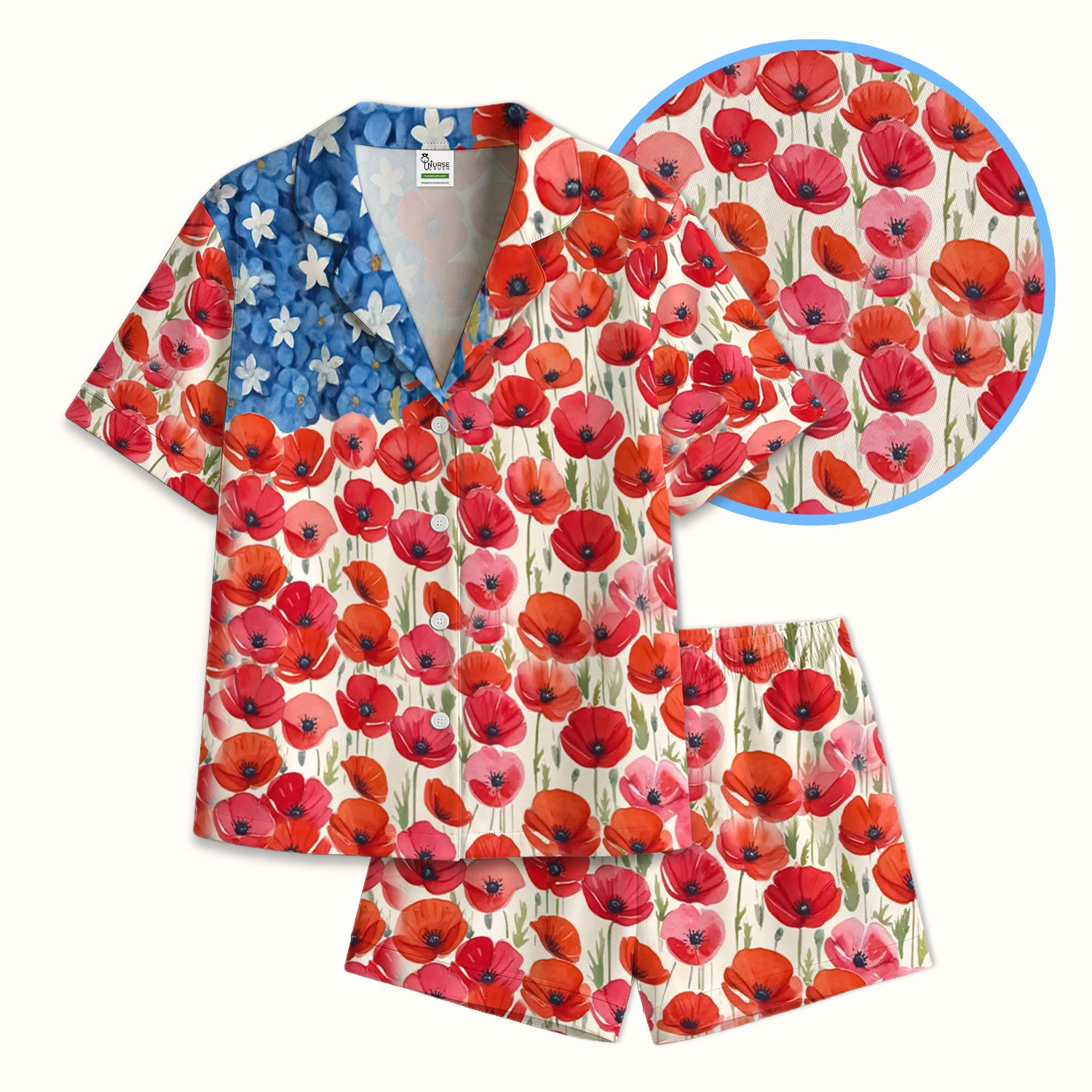 Memorial Day Nurse Poppy American Flag Pajama Set, Soft Breathable Fabric Comfortable Sleepwear