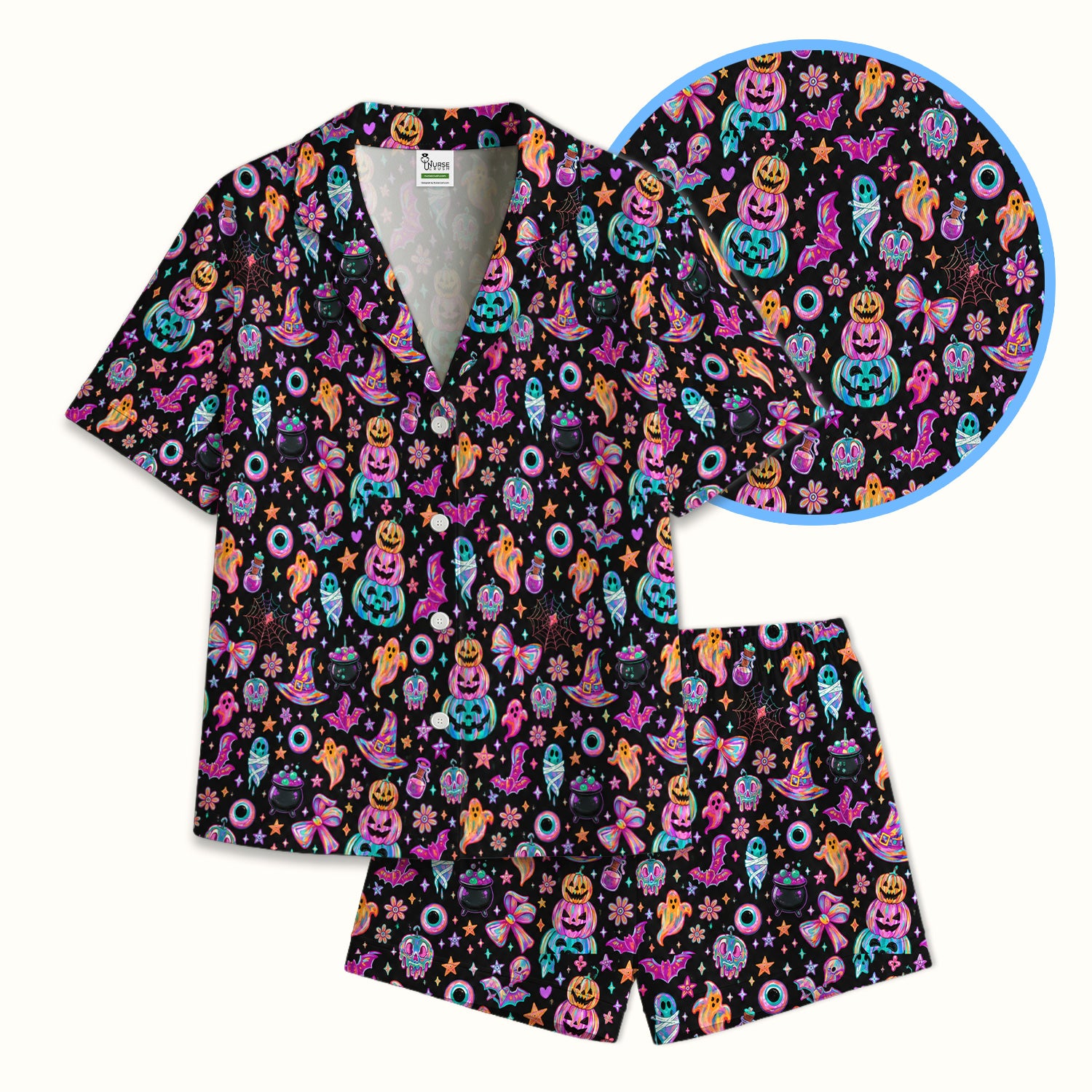 Halloween Ghost with Pumpkin Bat Print Pajama Set, Soft Breathable Fabric Comfortable Sleepwear