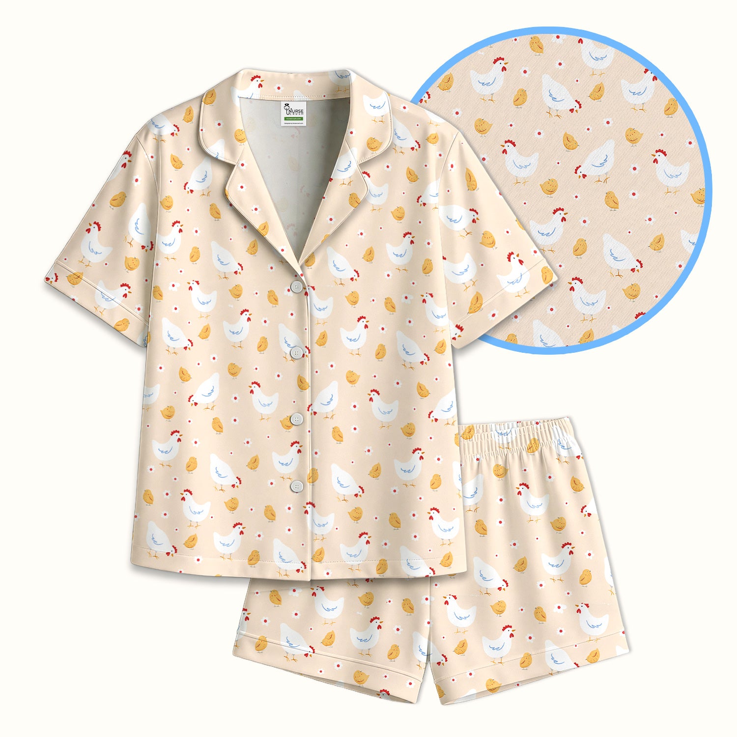 Chicken And Cute Chicks Pattern Pajama Set, Breathable Fabrics Uniform