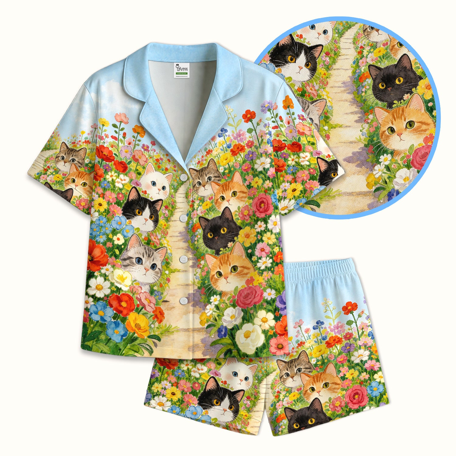 Cute Garden Cats Flower Path Pattern Pajama Set, Soft Breathable Fabric Comfortable Sleepwear