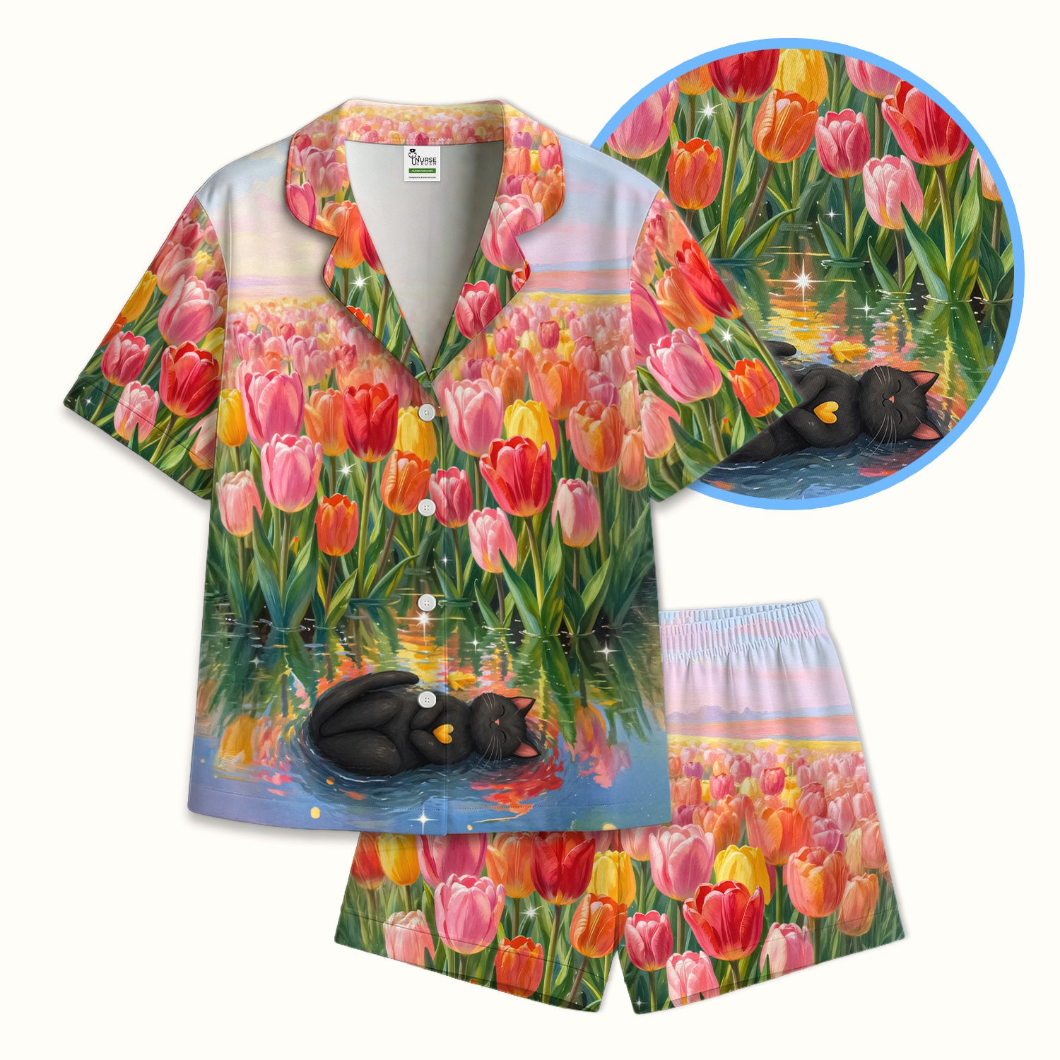 Sleeping Black Cat In Tulip Flower Field Pajama Set, Soft Breathable Fabric Comfortable Sleepwear