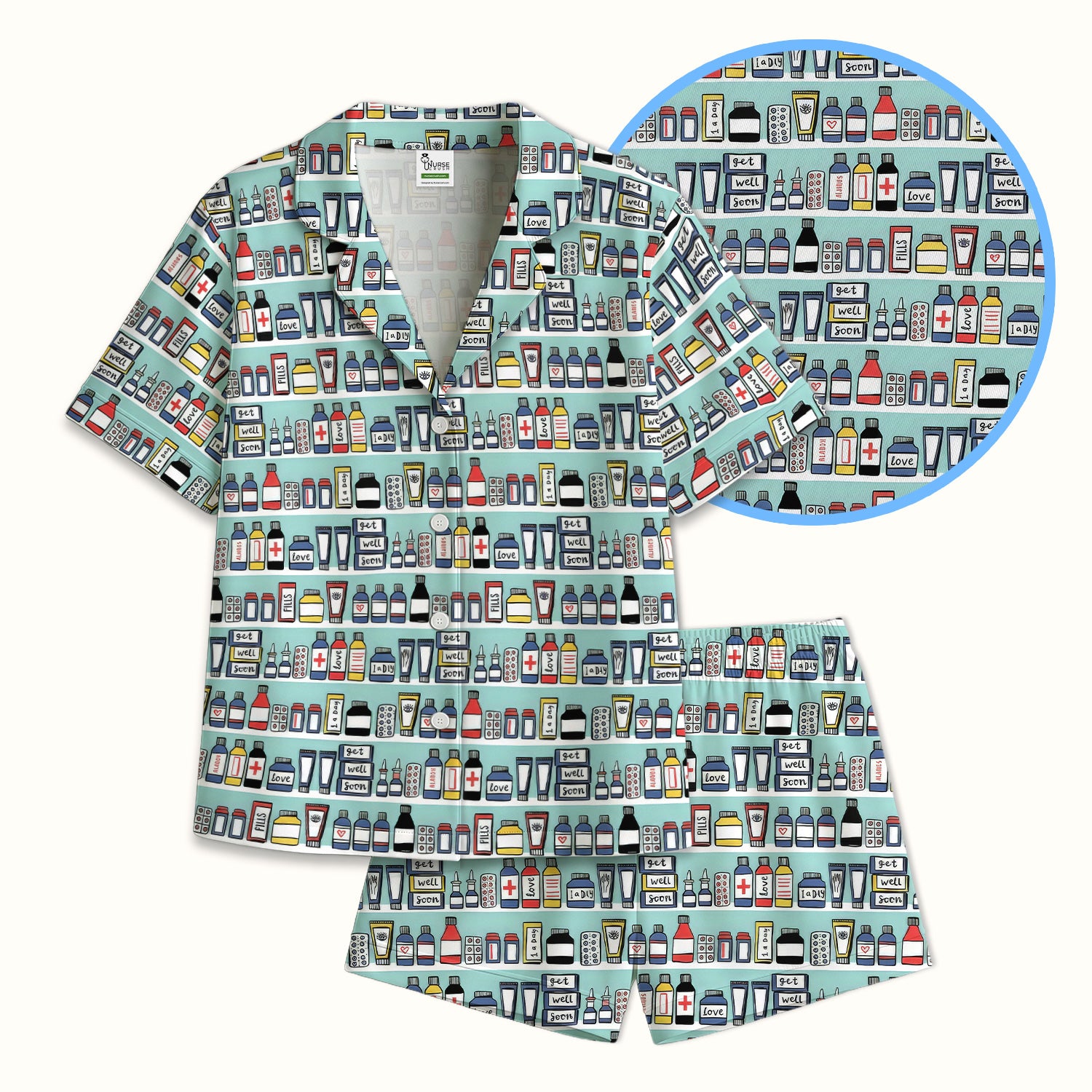 Medicine Bottle Pharmacy Pills Care Pattern Pajama Set, Breathable Fabrics Uniform