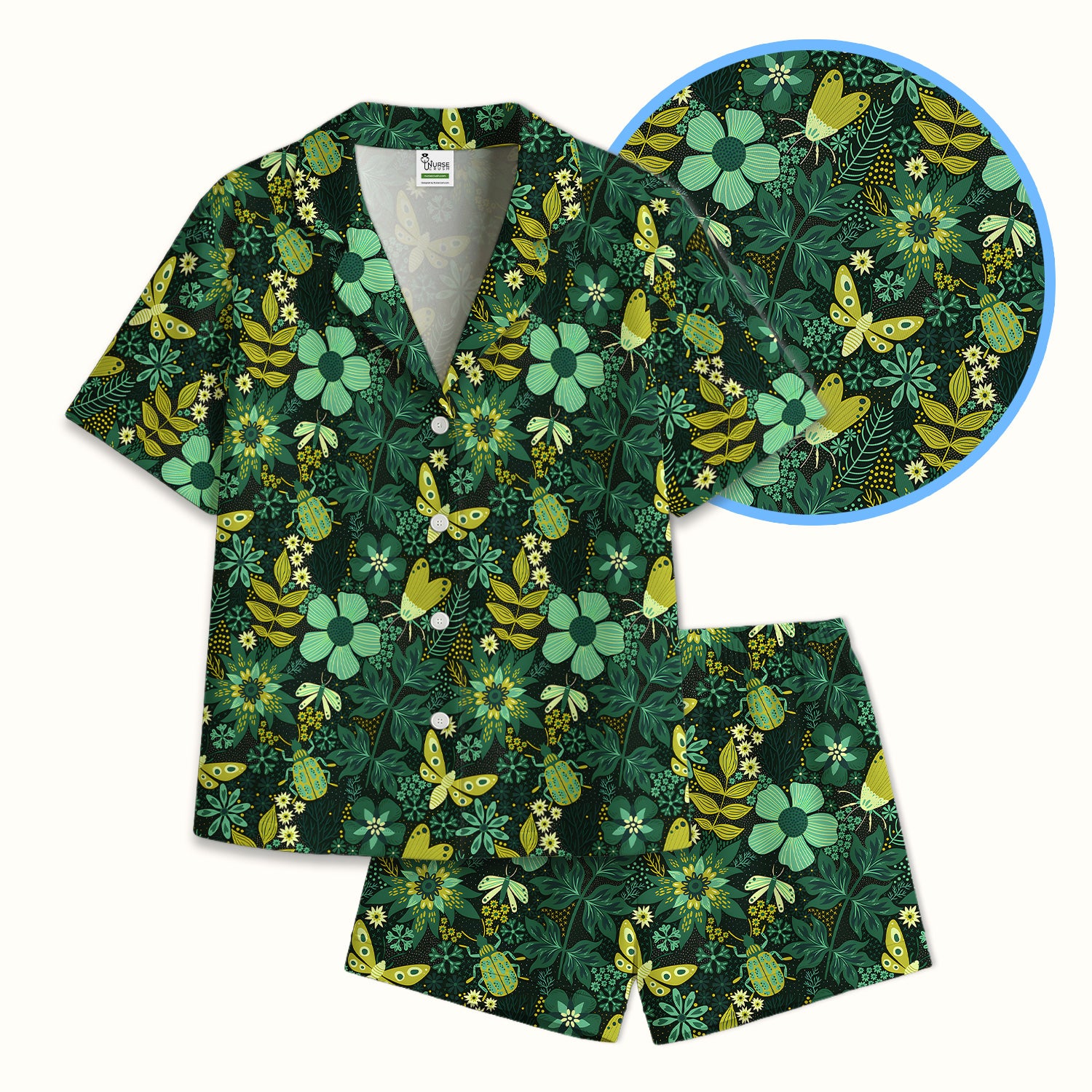 Green Botanical Butterfly Pattern Pajama Set, Soft Breathable Fabric Comfortable Sleepwear