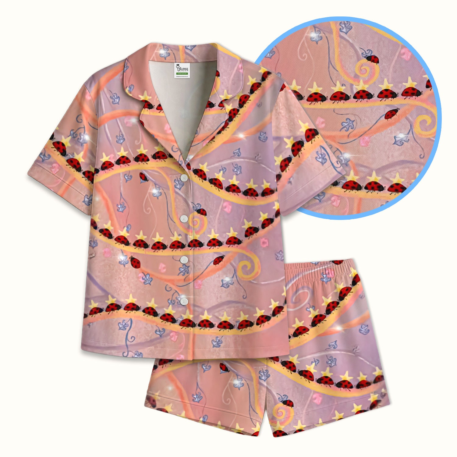 Cute Ladybug Star Vine Swirl Pattern Pajama Set, Soft Breathable Fabric Comfortable Sleepwear