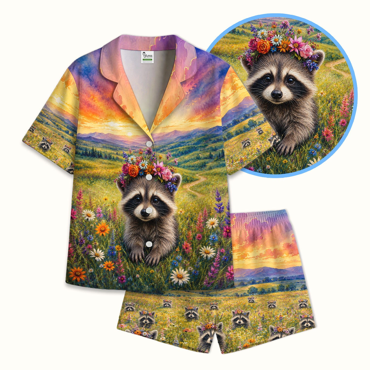 Floral Raccoon Meadow Veterinary Nurse Pattern Pajama Set, Soft Breathable Fabric Comfortable Sleepwear