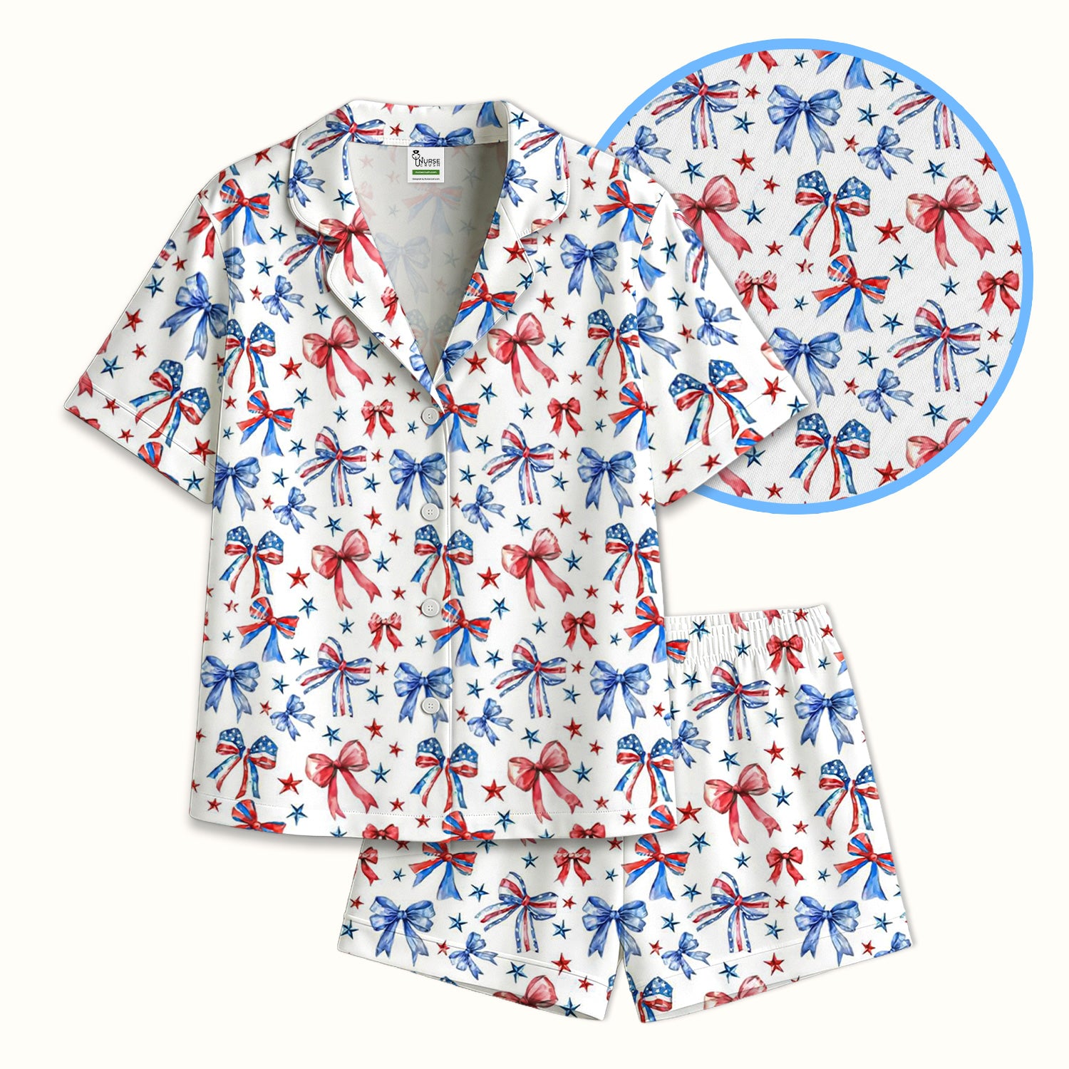 Festive Patriotic Ribbon Bow Star Pattern Pajama Set, Soft Breathable Fabric Comfortable Sleepwear