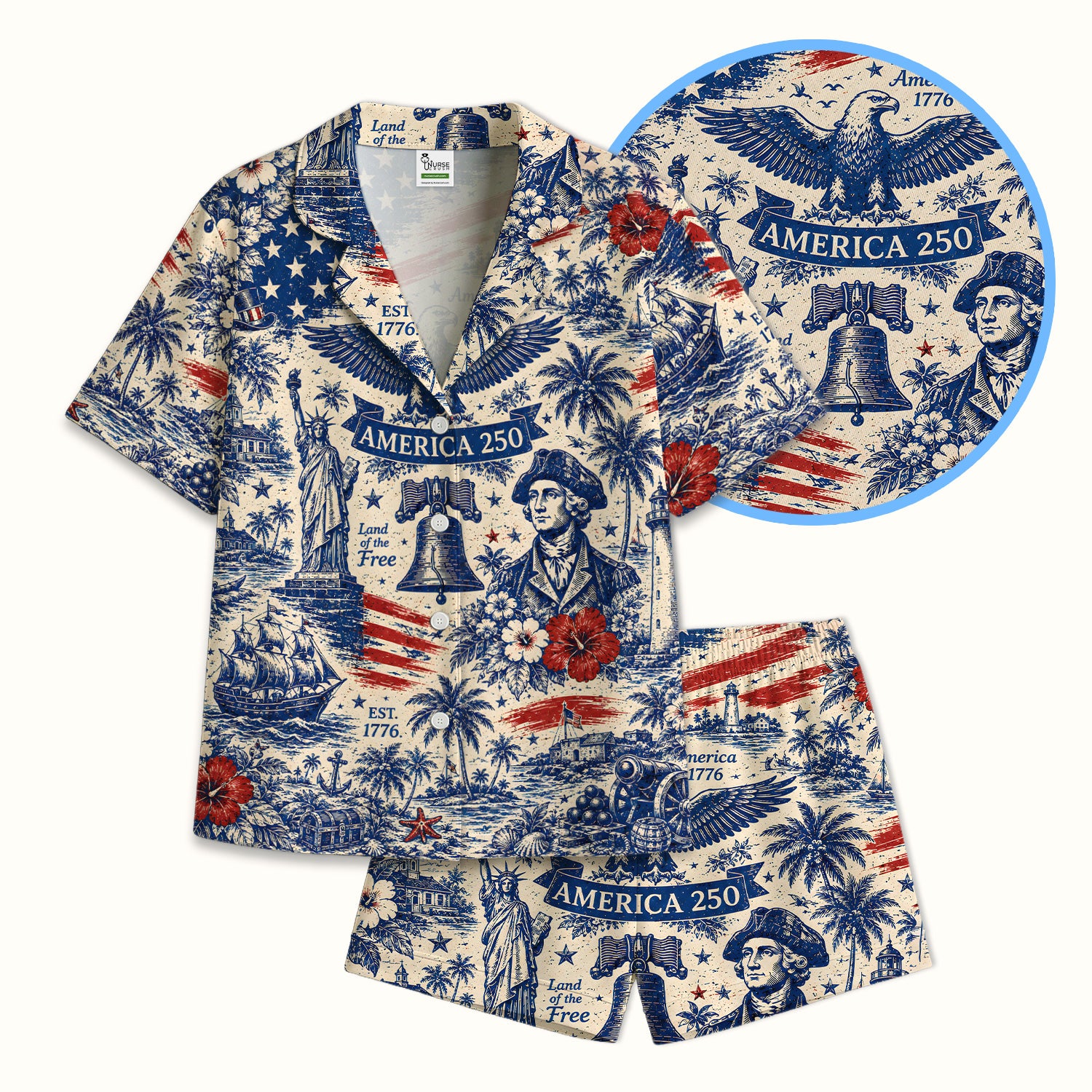 America 250 Eagle Liberty Pattern Pajama Set, Soft Breathable Fabric Comfortable Sleepwear