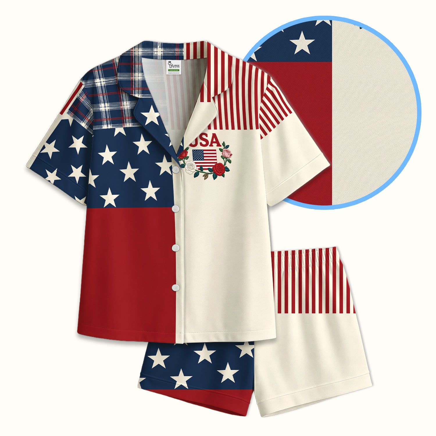 USA Flag Rose Patchwork Pattern Pajama Set, Soft Breathable Fabric Comfortable Sleepwear