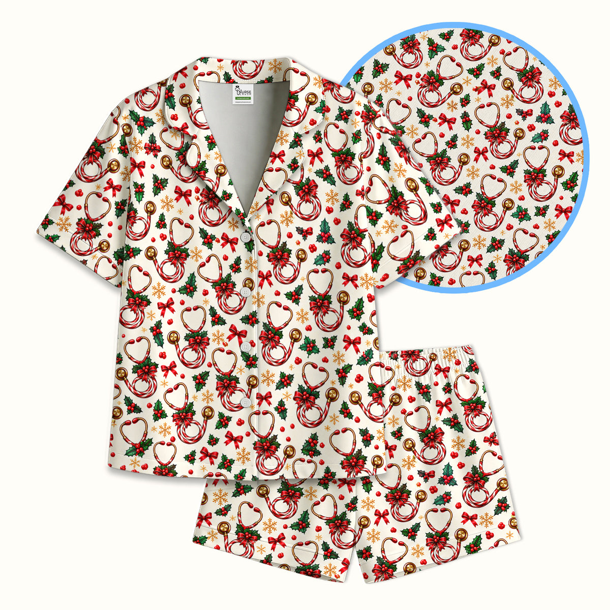 Christmas Candy Cane Stethoscope Pattern Pajama Set, Soft Breathable Fabric Comfortable Sleepwear